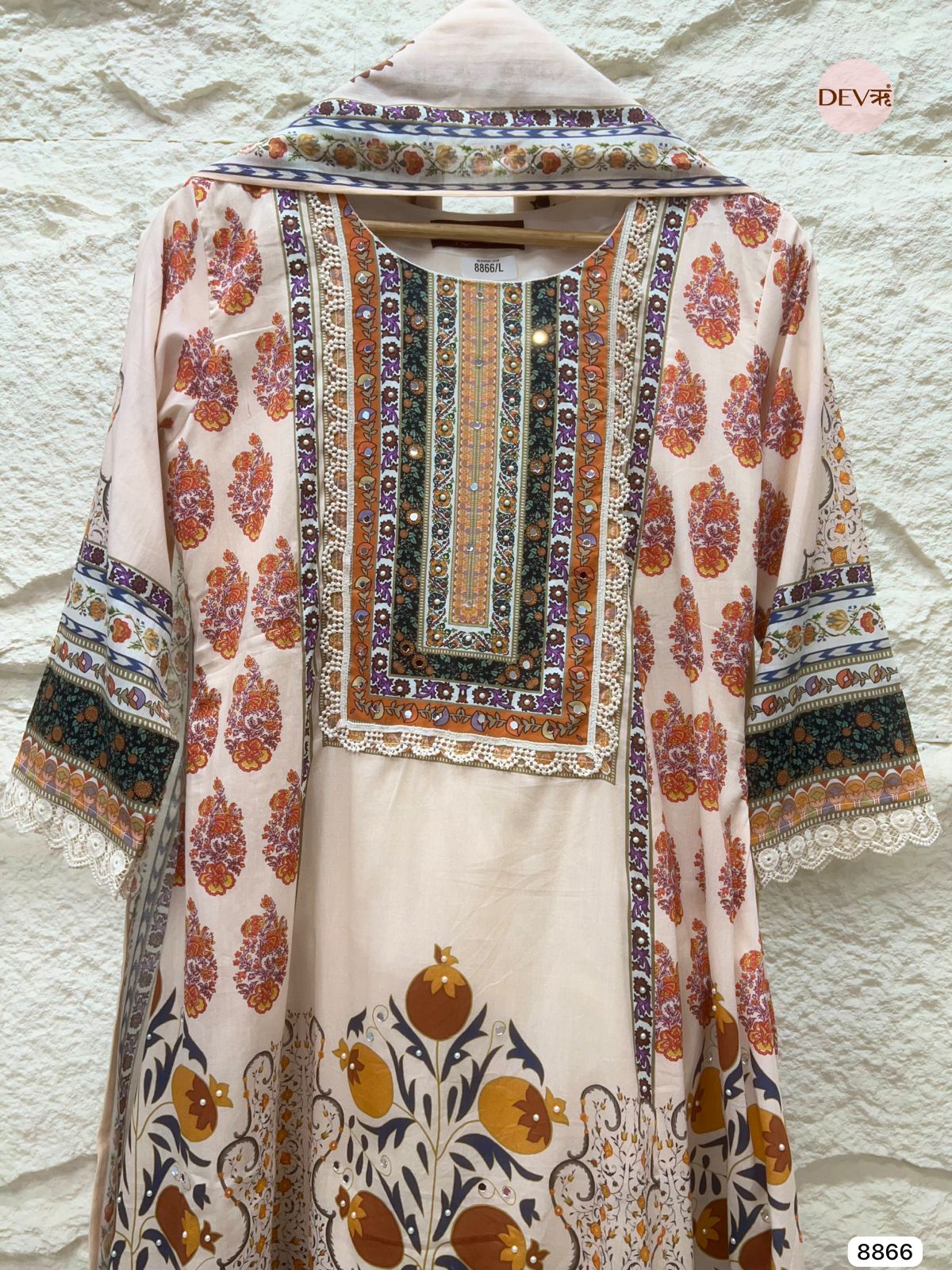 {8866} Beige Pure Mul Cotton Stitched Printed Embroidered -Set Of 3