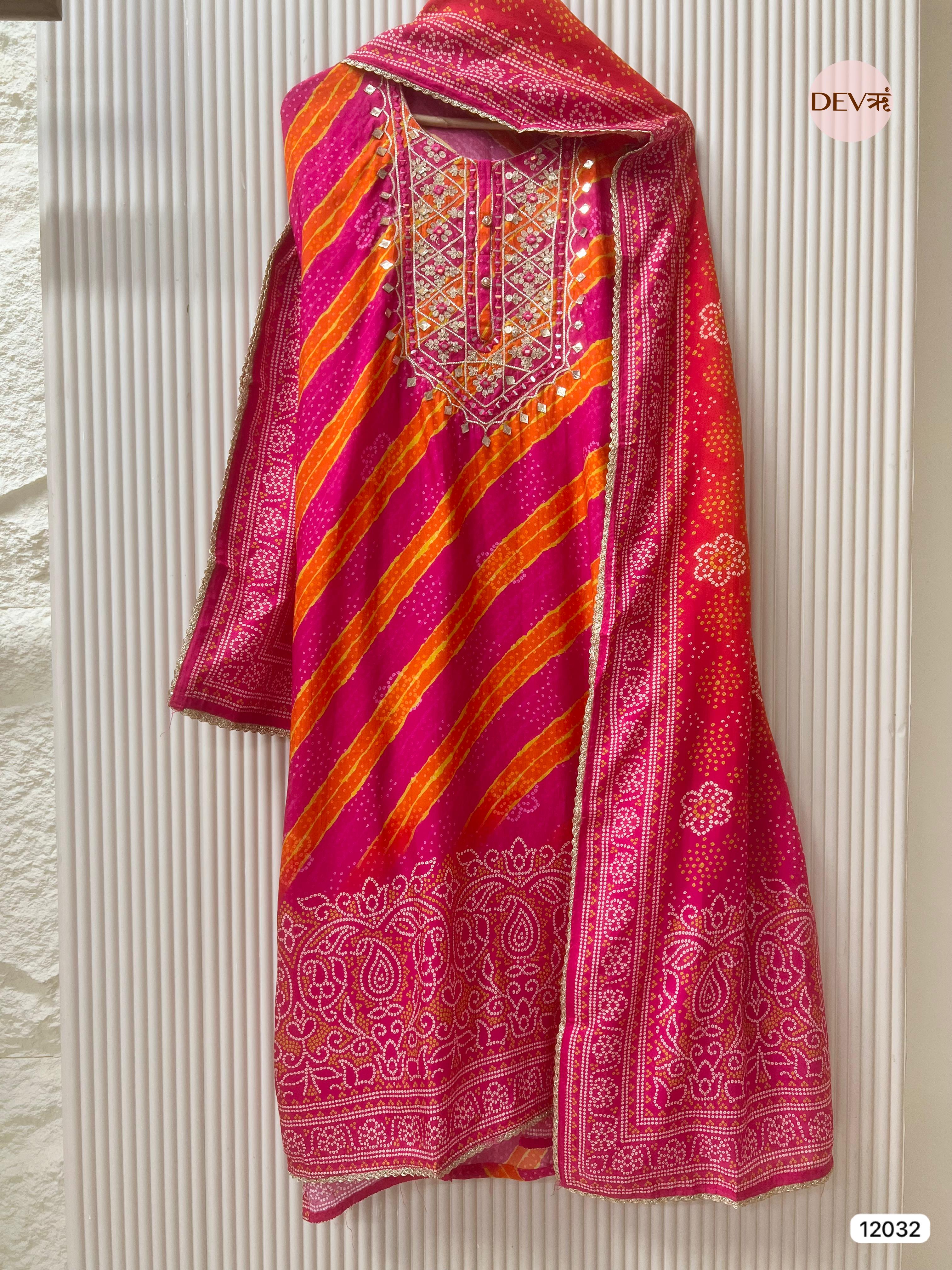 Pink Russian Silk Unstitched Printed Hand Embroidered -Set Of 3 - {12032}