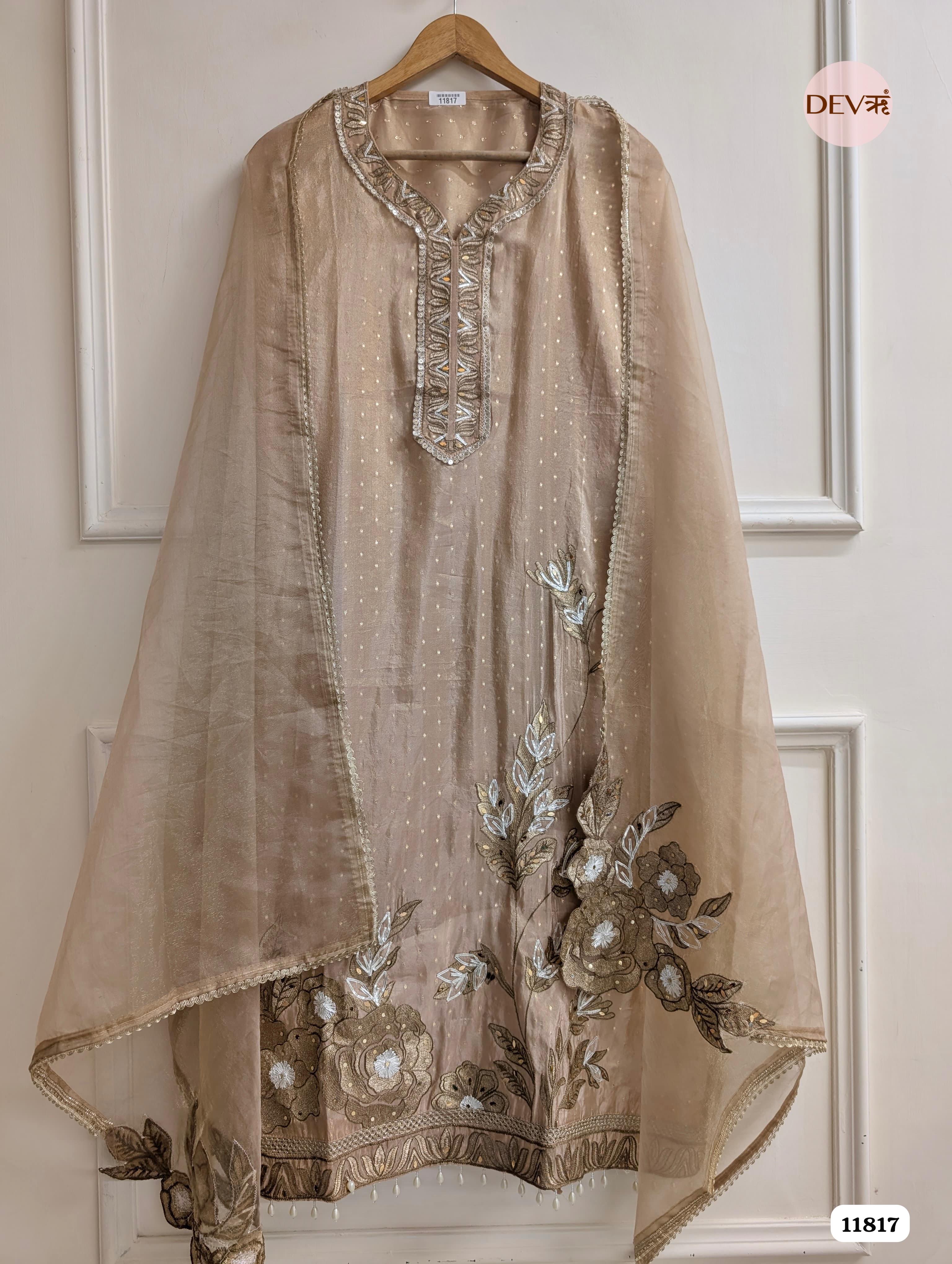 Golden Tissue Silk Woven Unstitched Embroidered -Set Of 3 {11817}