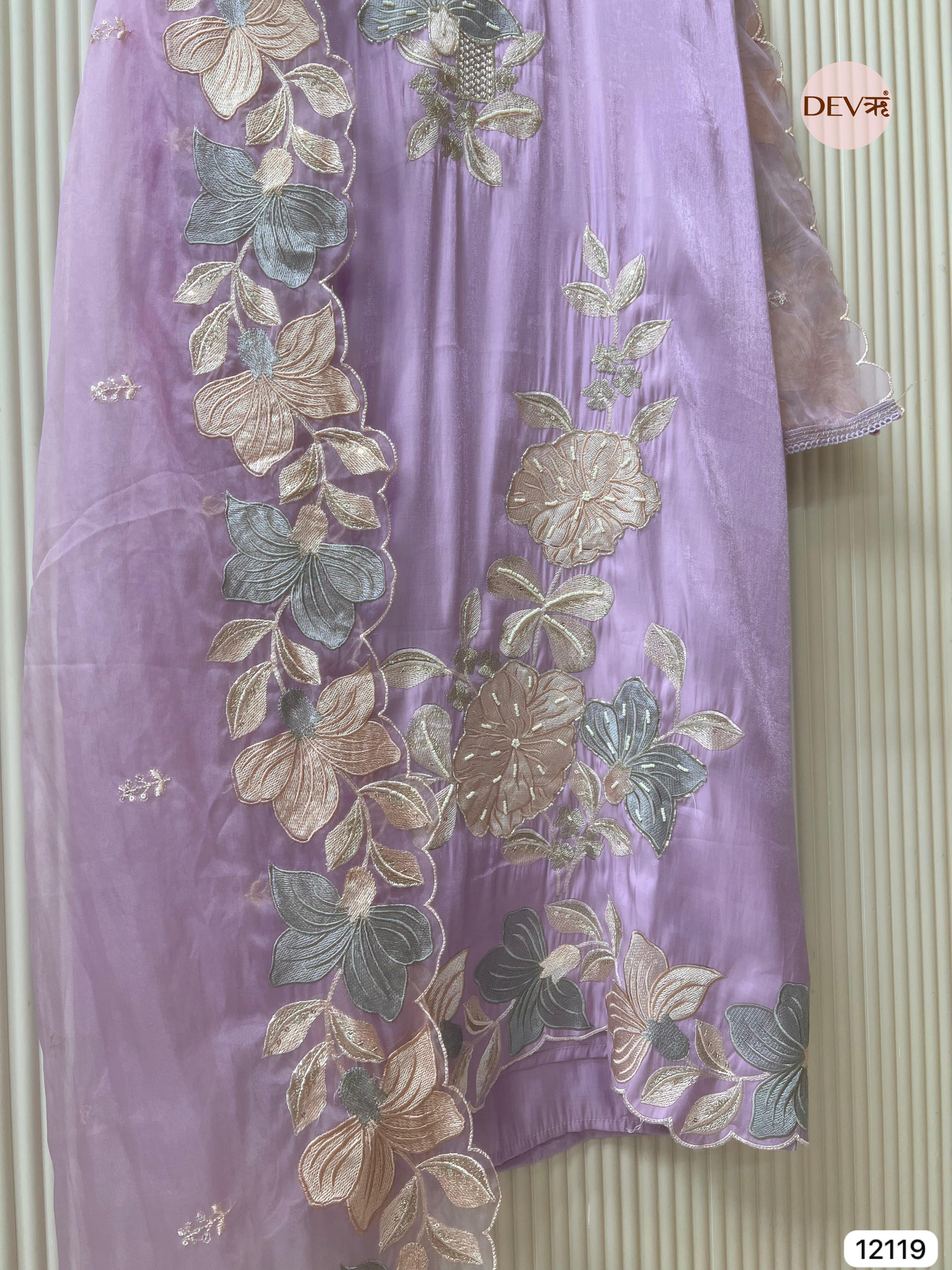 Light Purple Organza Silk Unstitched Hand Embroidered -Set Of 3 - {12119}