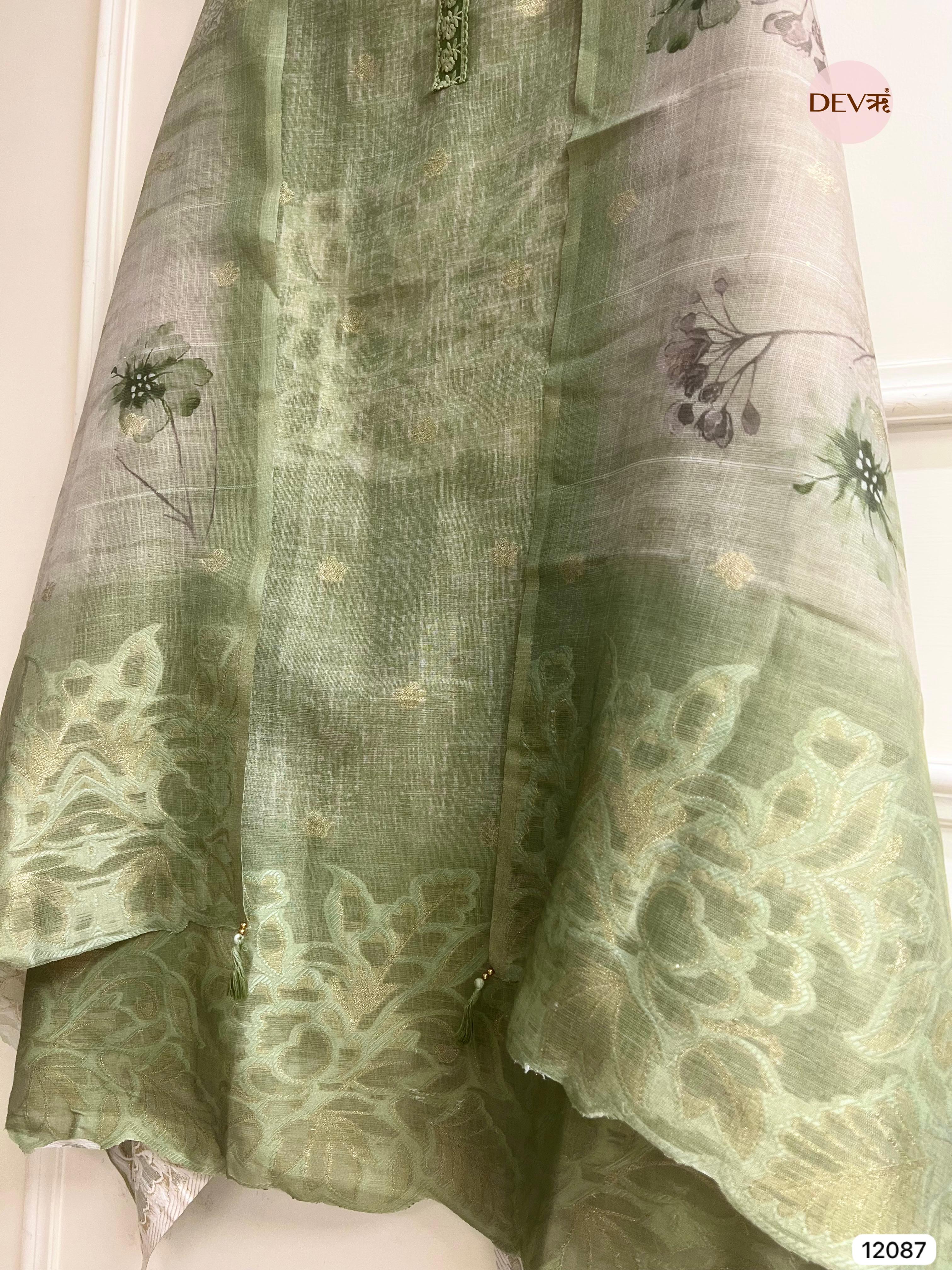 Green Pure Raw Unstitched Silk Thread Woven Embroidered -Set Of 3 - {12087}