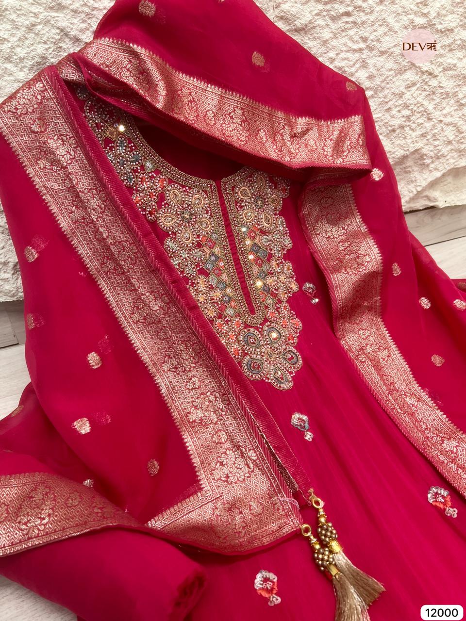 Red Pure Russian Silk Unstitched Hand Embroidered -Set Of 3 - {12000}