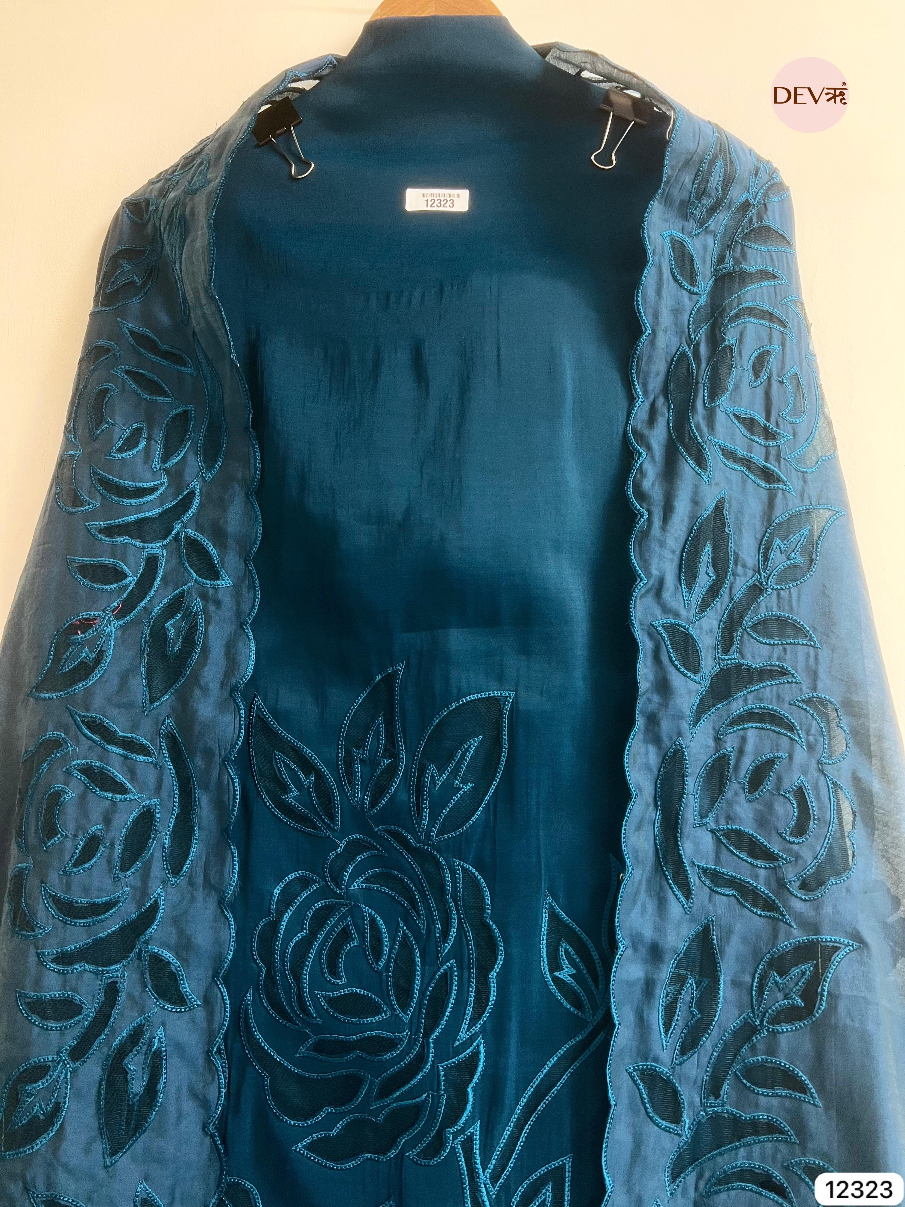Teal Mul Chanderi Embroidered Unstitched 3-Piece Suit (Devri – D.No 12323)