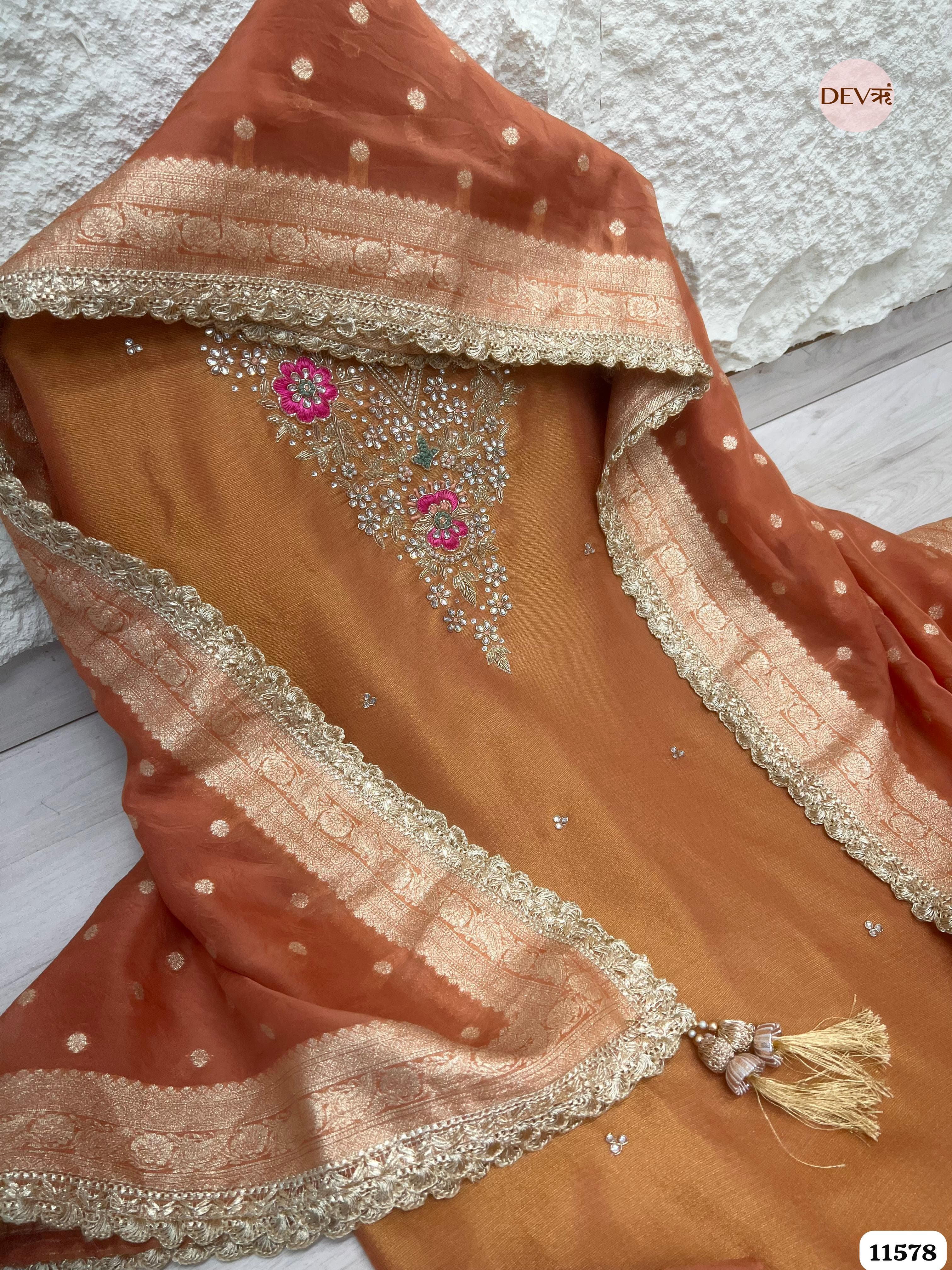 Orange Pure Tissue Silk Unstitched Hand Embroidered -Set Of 3 {11578}