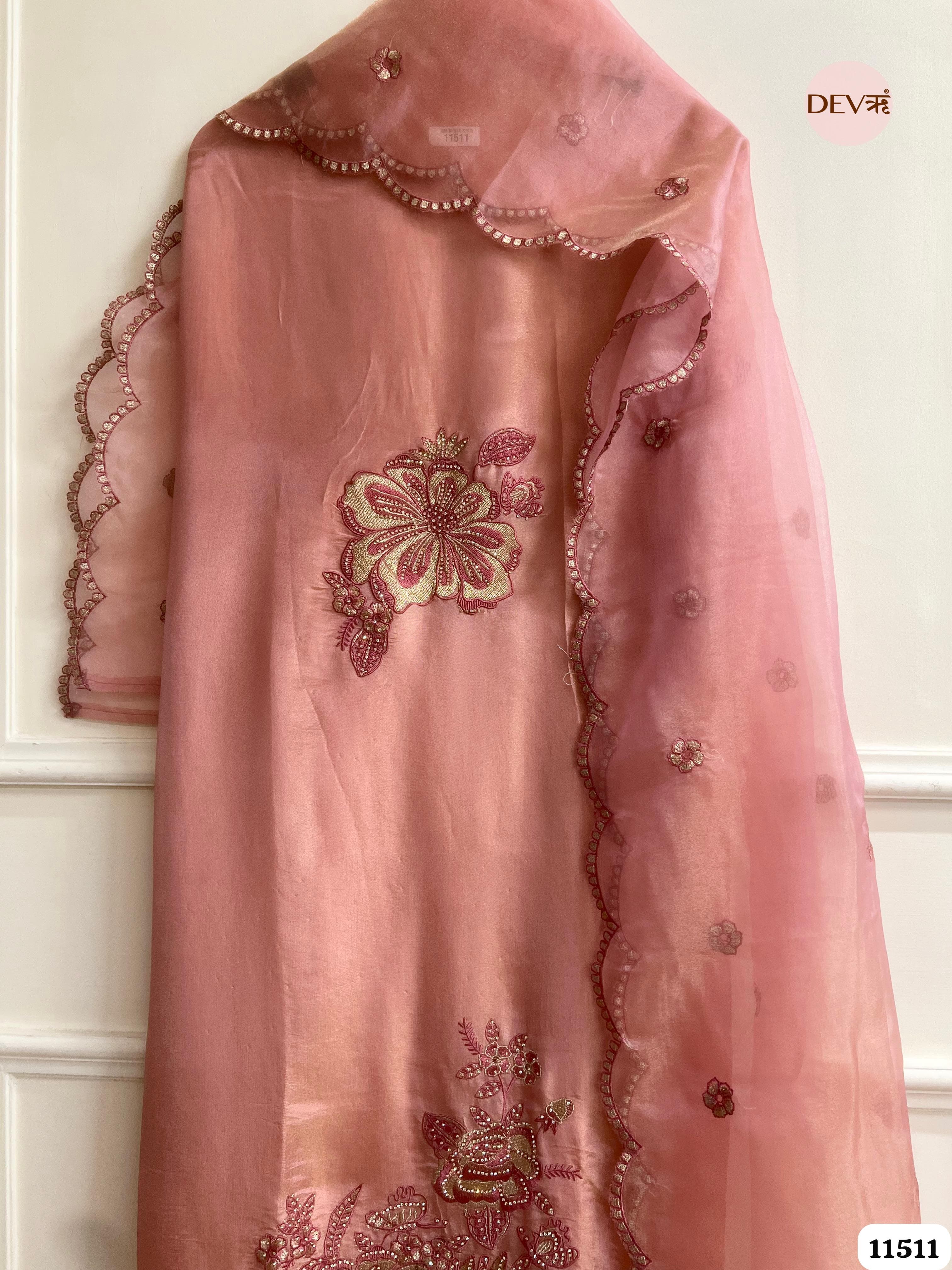 Light Pink Tissue Silk Unstitched Hand Embroidered -Set Of 3 {11511}