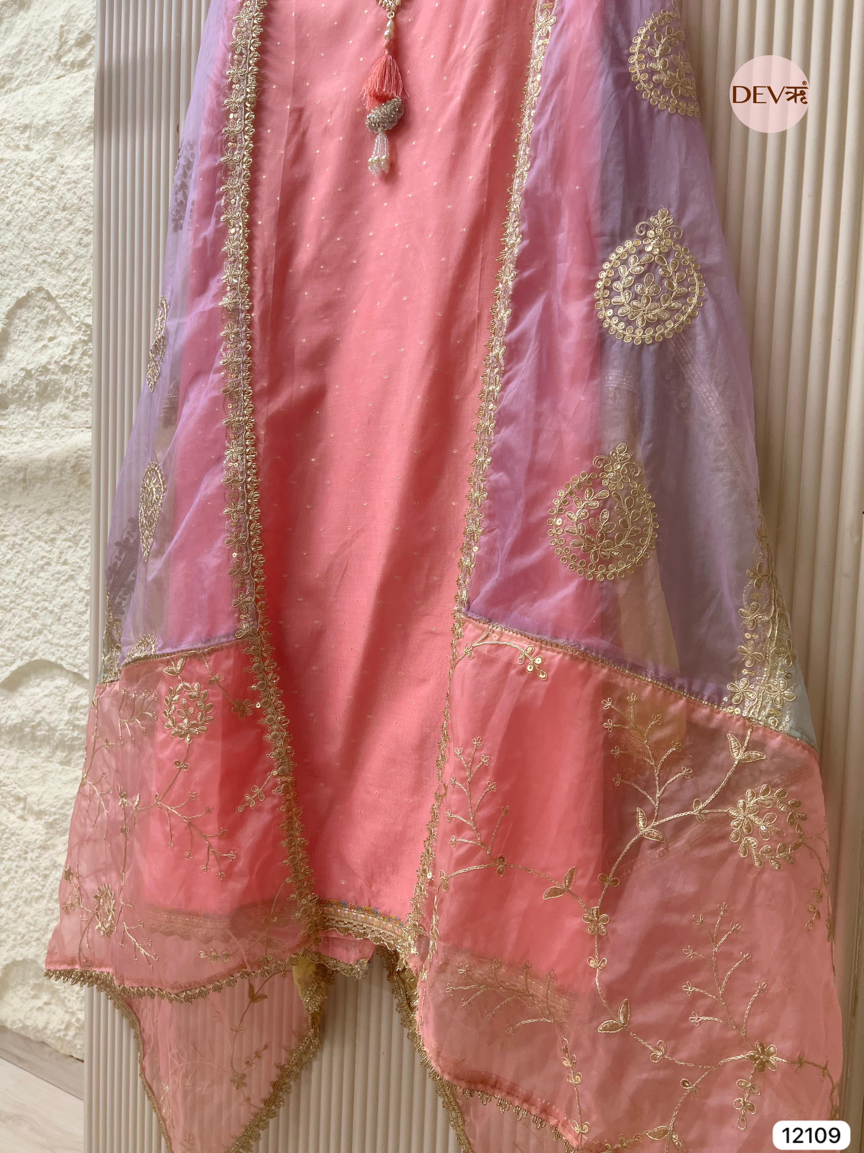 Pink Pure Shimmer Tissue Silk Unstitched Hand Embroidered -Set Of 3 - {12109}