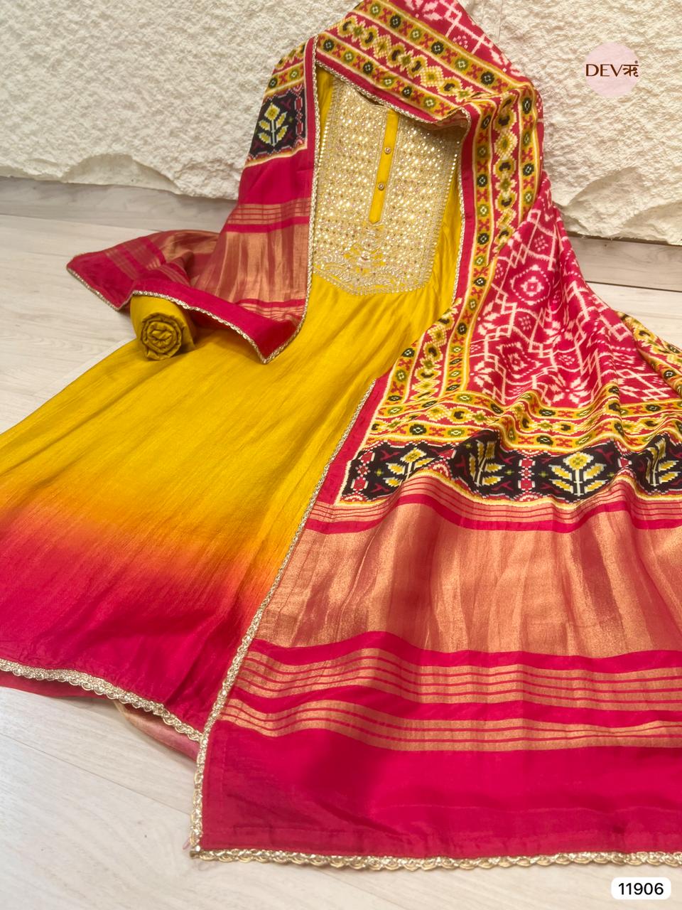 Yellow Pure Russian Silk Unstitched Hand Embroidered -Set Of 3 - {11906}