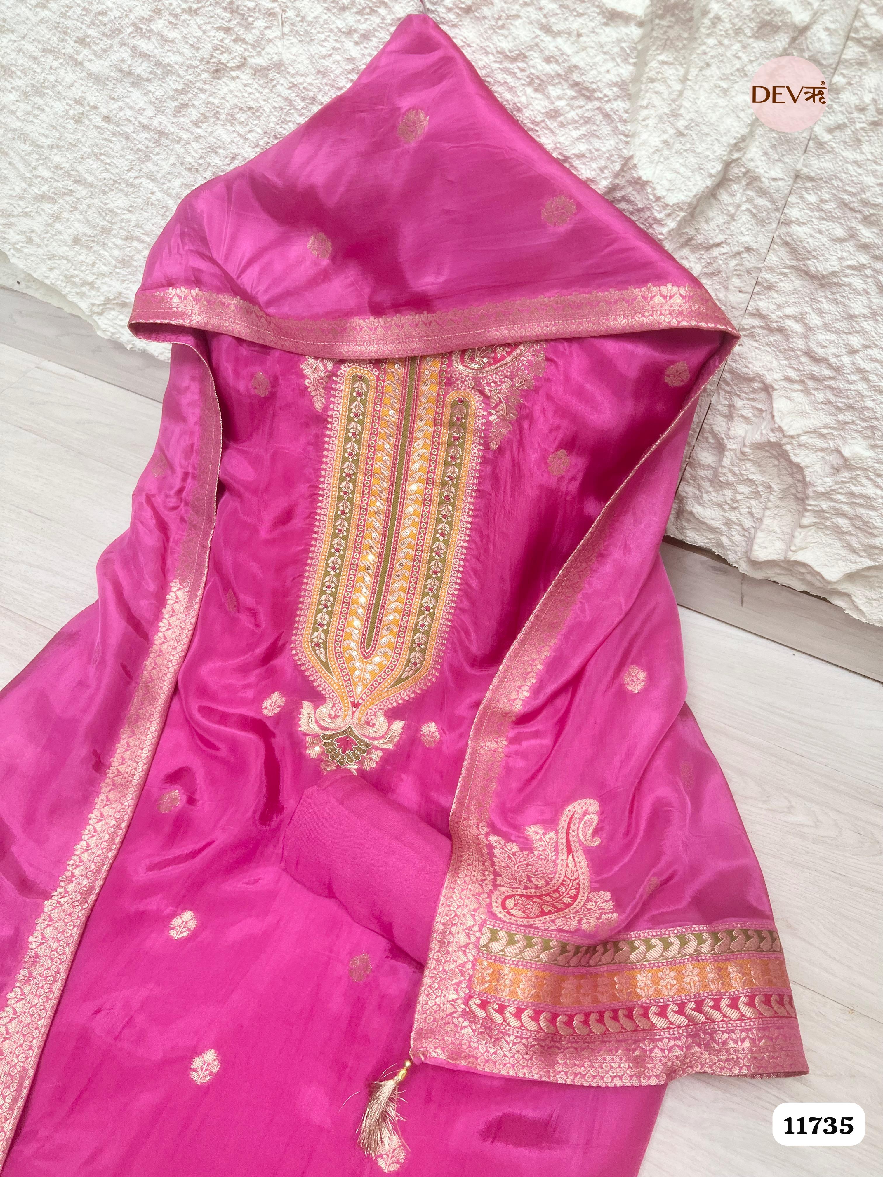 Pink Organza Silk Unstitched Banarasi Weave Hand Embroidered -Set Of 3 {11735}