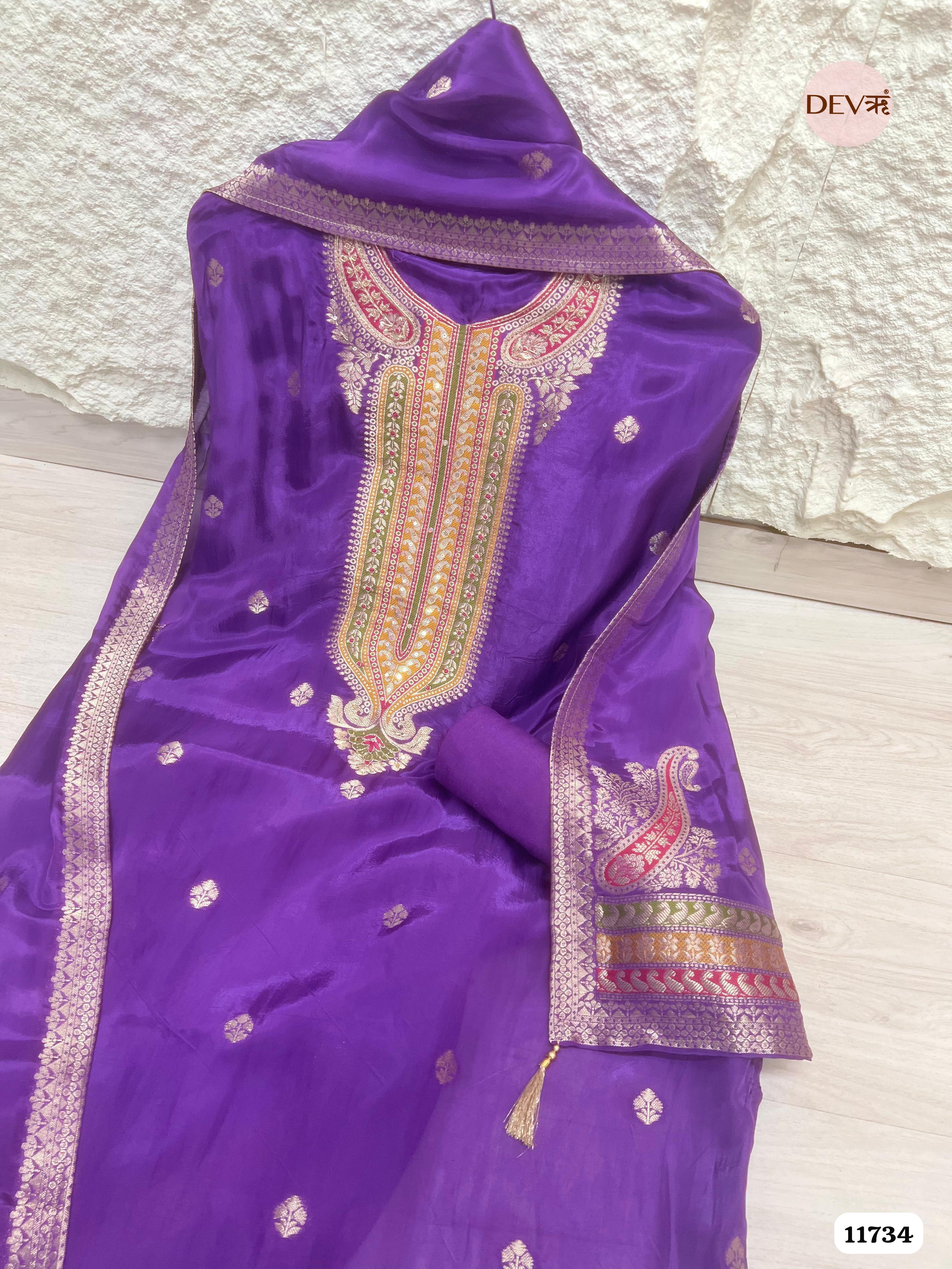 Purple Organza Silk Unstitched Banarasi Weave Hand Embroidered -Set Of 3 {11734}