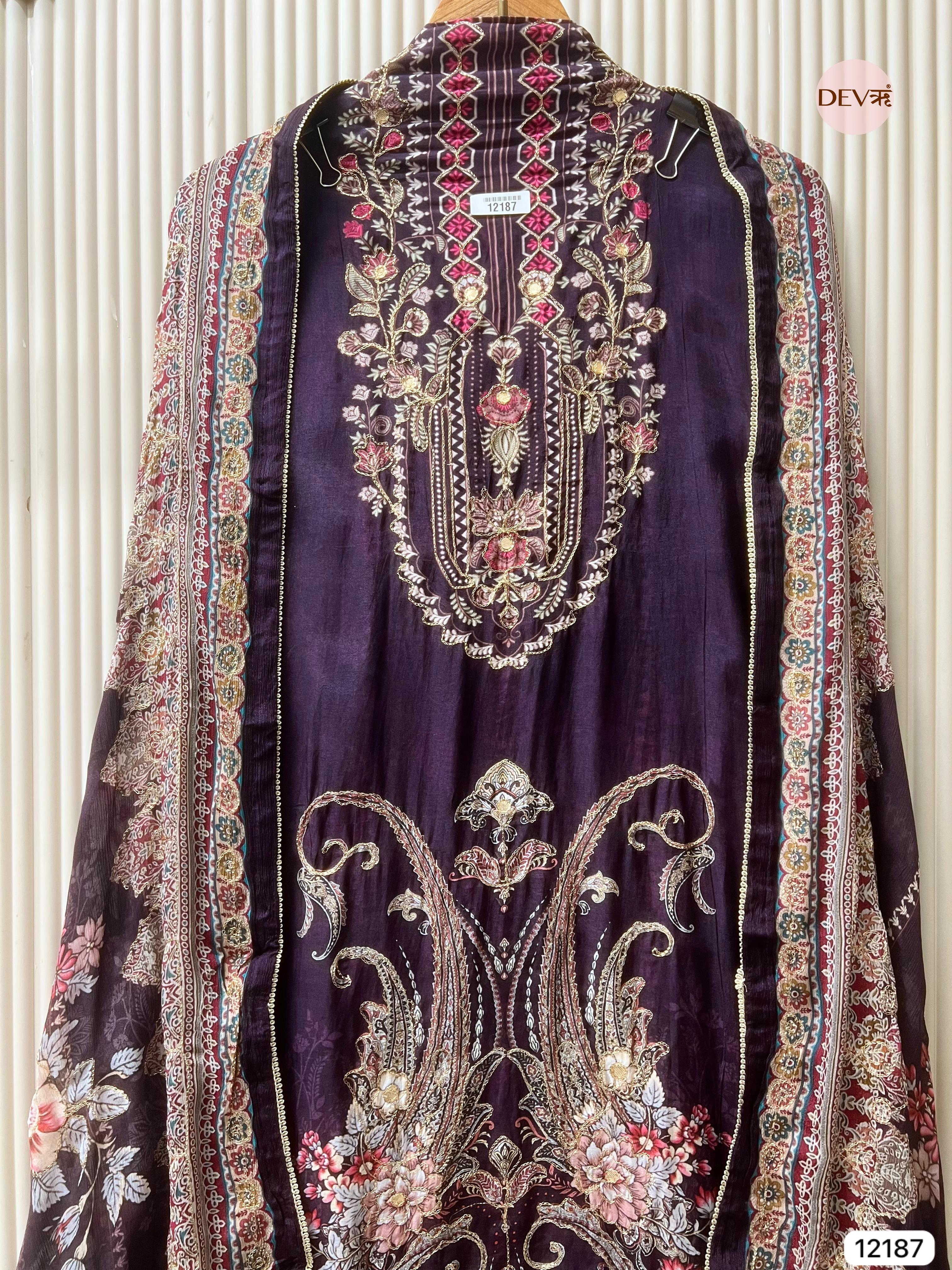 Purple Pure Muslin Unstitched Printed -Set Of 3 - {12187}