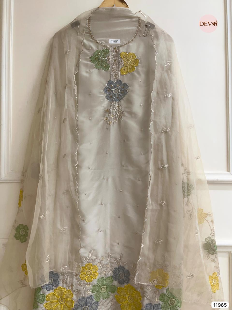Off White Tissue Shimmer Silk Unstitched Embroidered -Set Of 3 - {11965}
