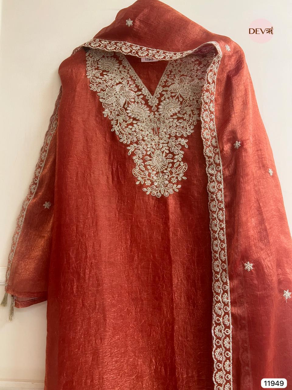 Rust Crush Tissue Embroidered Unstitched 3-Piece Suit (Devri – D.No 11949)