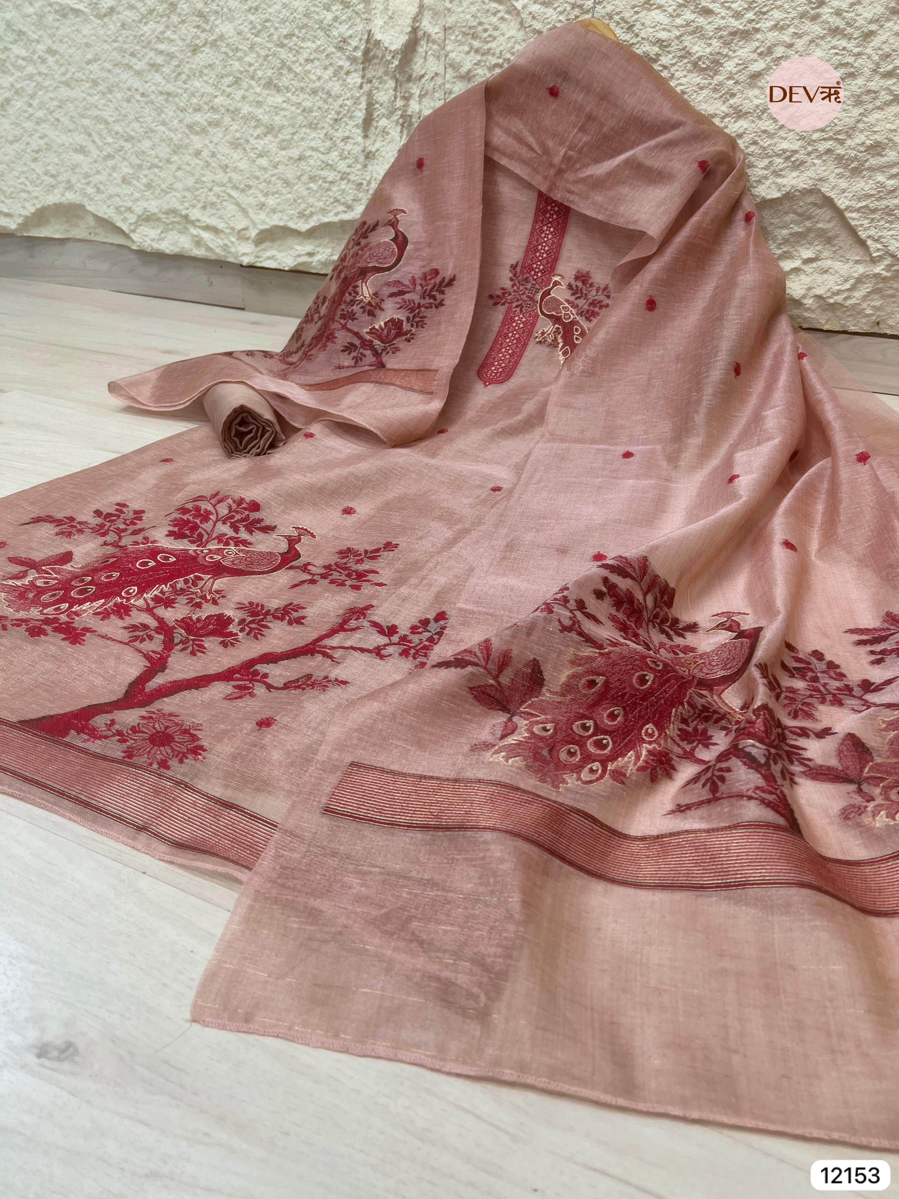 {12153} Peach Pure Jamdani Linen Unstitched - Set Of 3