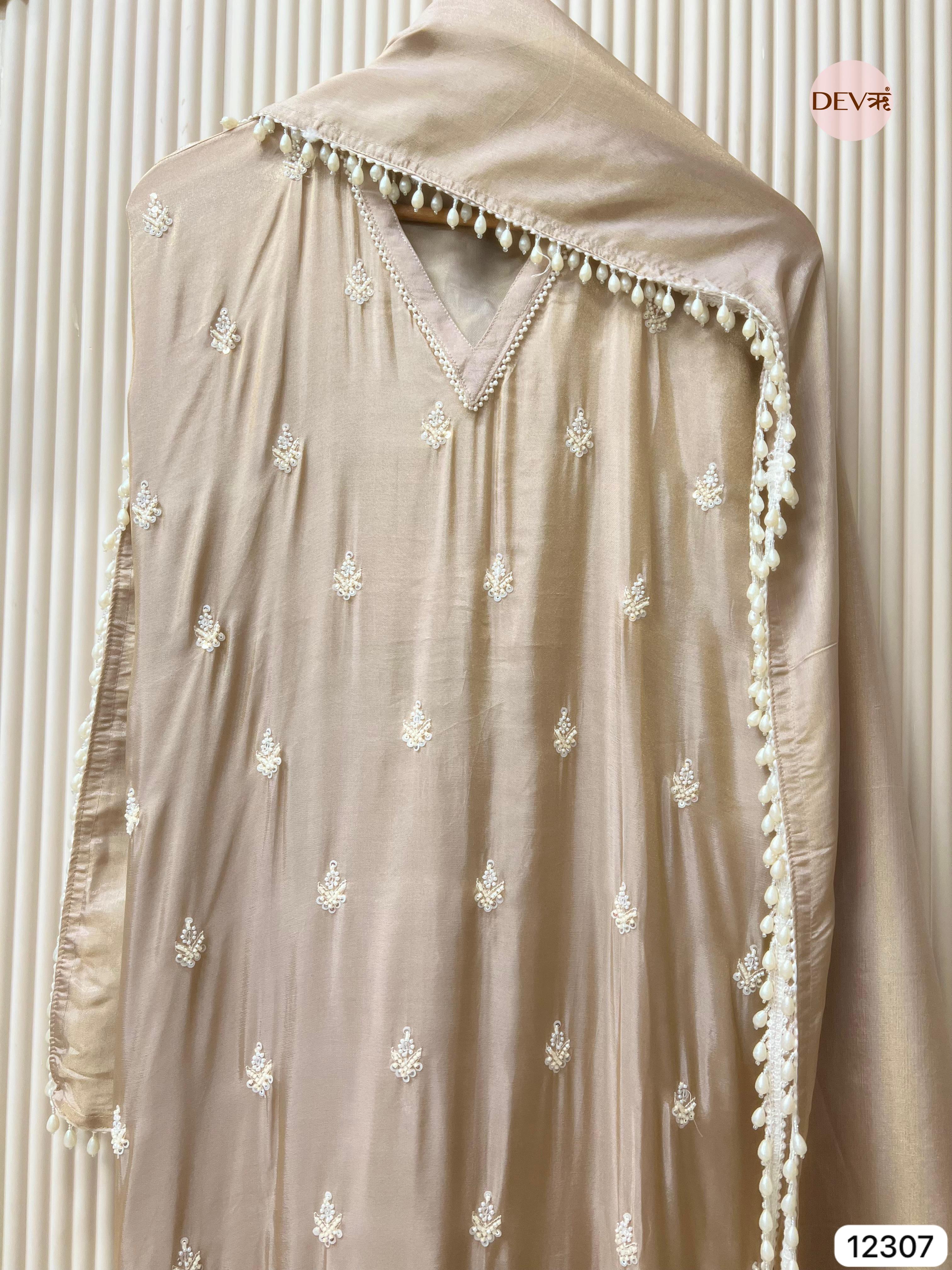 Ivory Beige Shimmer Silk Embroidered Unstitched 3-Piece Suit (Devri – D.No 12307)