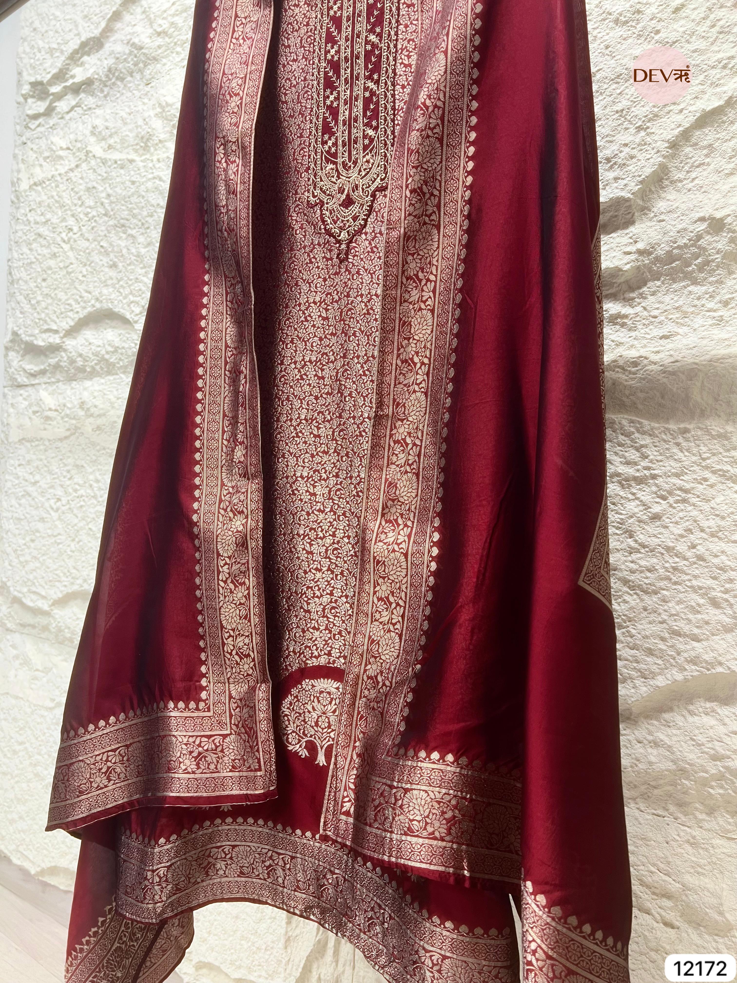 Maroon Pure Banarasi Silk Unstitched Hand Embroidered -Set Of 3 - {12172}