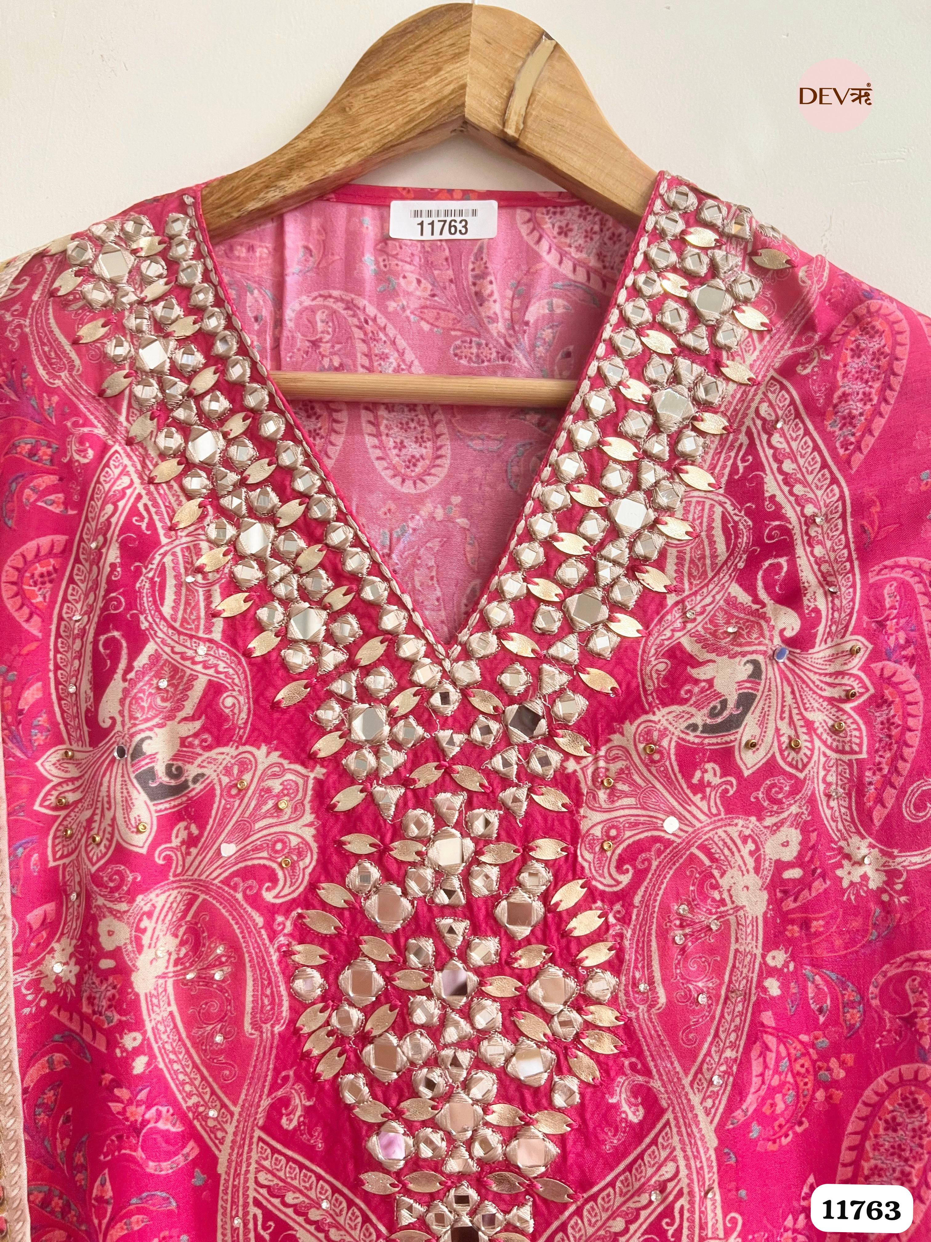 Pink Russian Silk Unstitched Hand Embroidered -Set Of 3 {11763}
