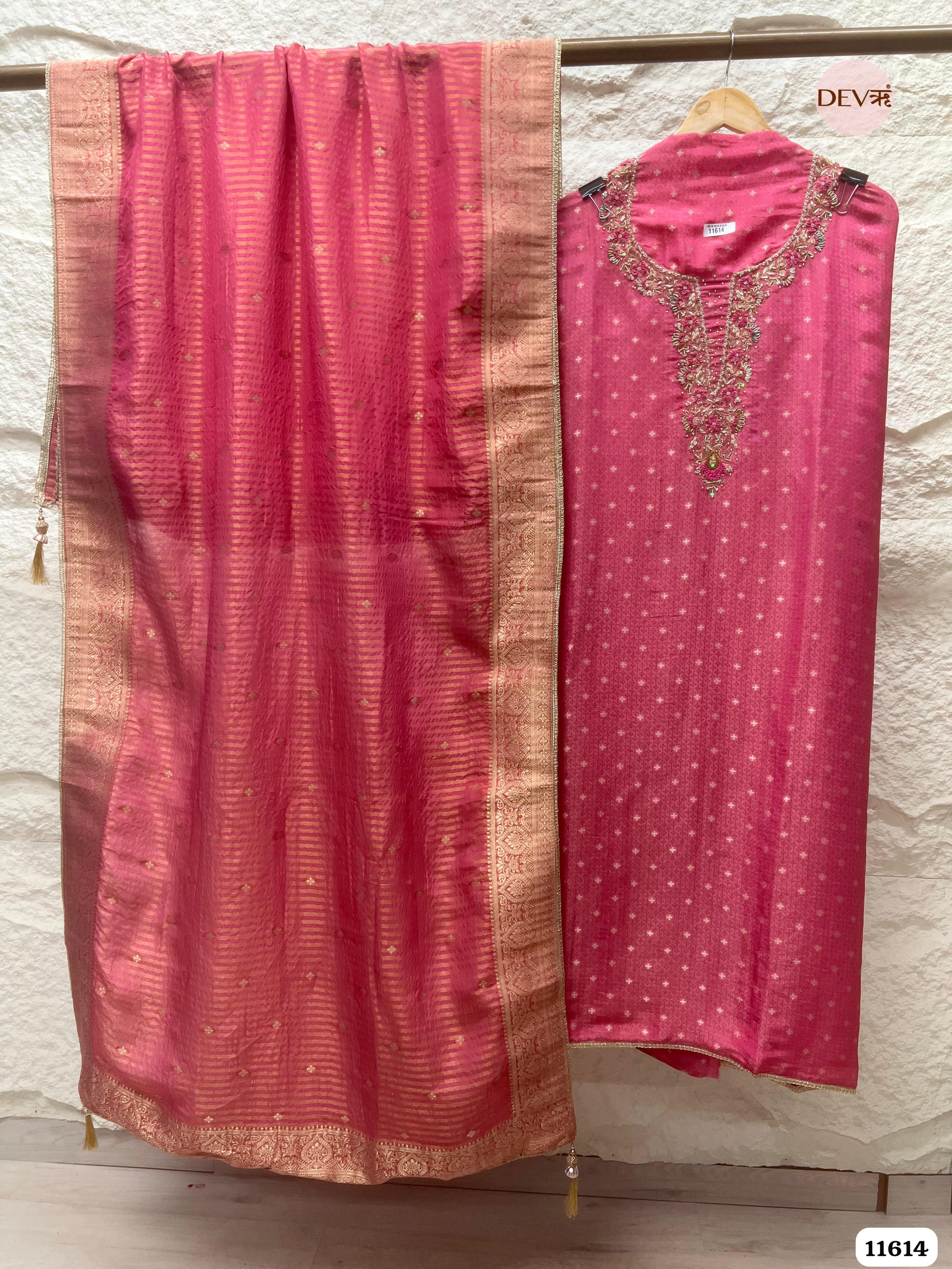 Rose Pink Pure Tissue Banarasi Silk Unstitched Hand Embroidered -Set Of 3 {11614}
