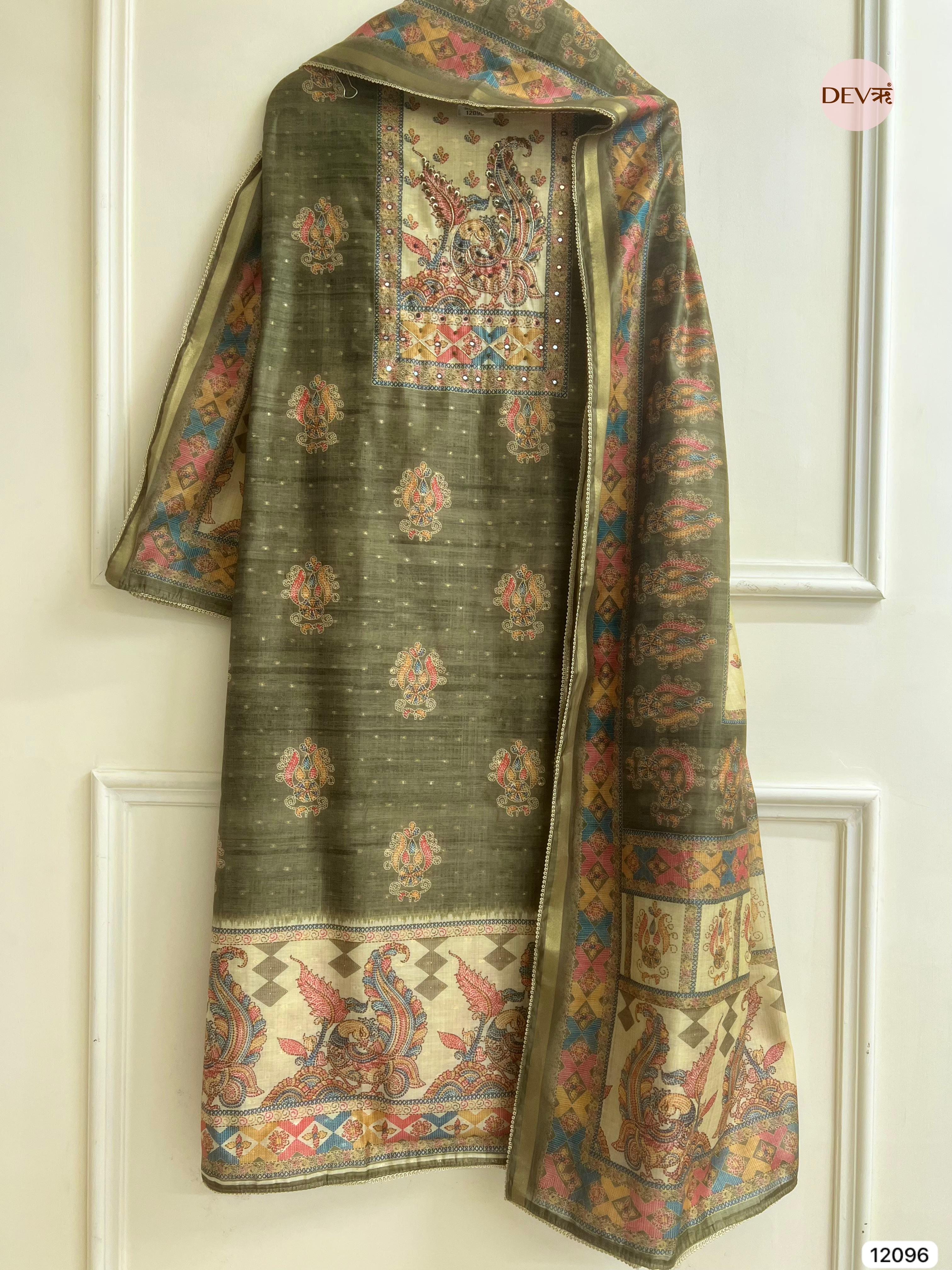 Green Tusser Khadi Silk Printed Unstitched Hand Embroidered -Set Of 3 - {12096}