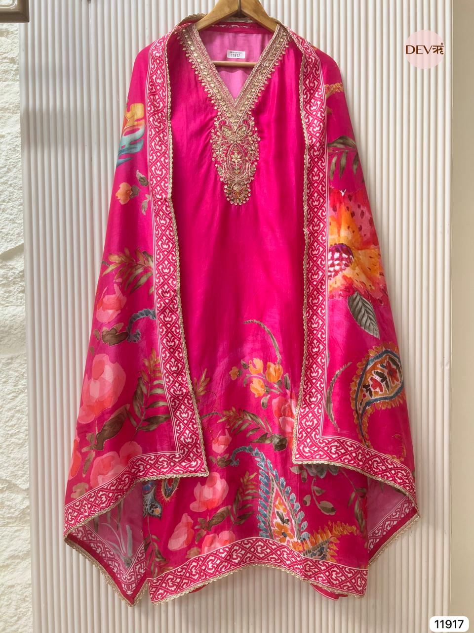 Pink Pure Russian Silk Unstitched Printed Hand Embroidered -Set Of 3 - {11917}