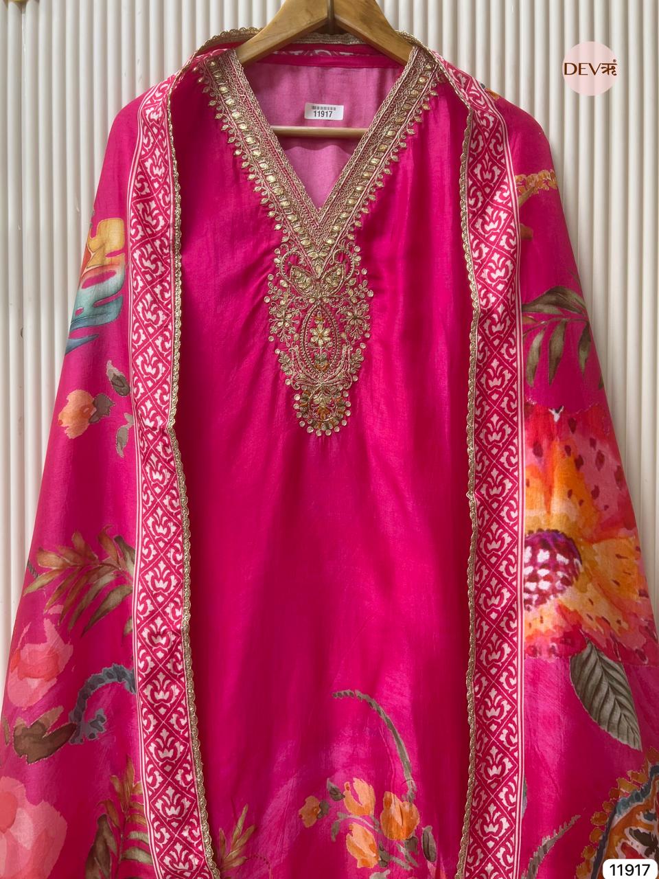 Pink Pure Russian Silk Unstitched Printed Hand Embroidered -Set Of 3 - {11917}