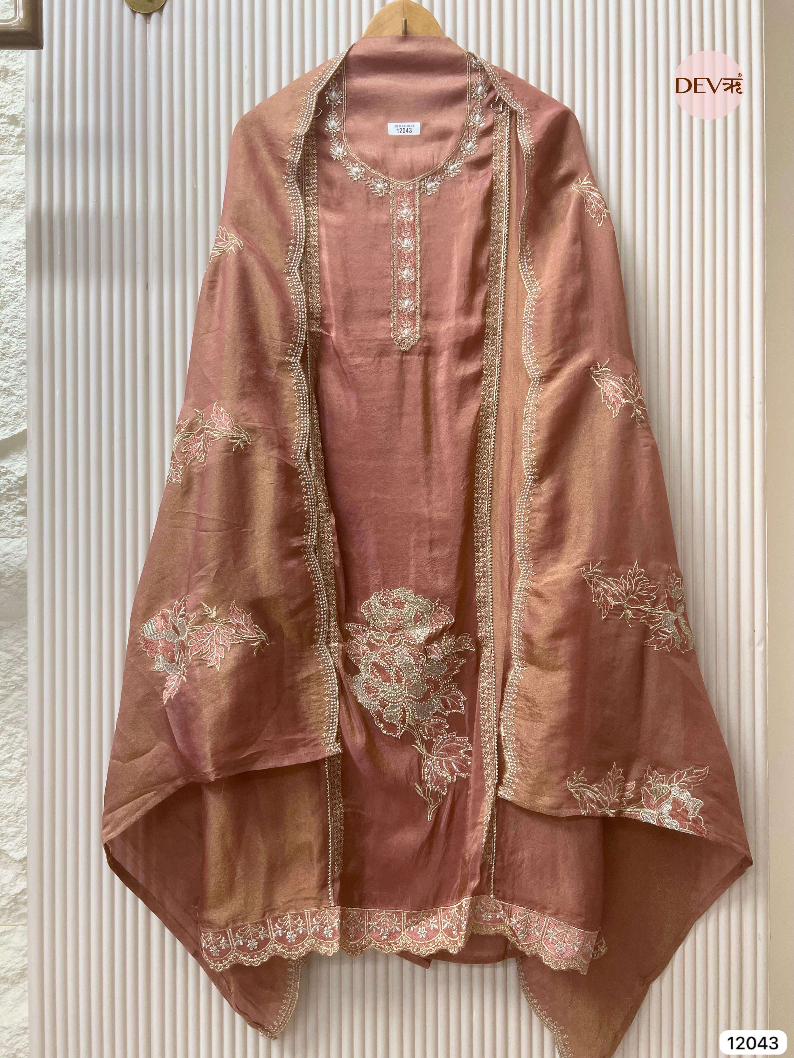 Brown Tissue Shimmer Silk Unstitched Hand Embroidered -Set Of 3 - {12043}