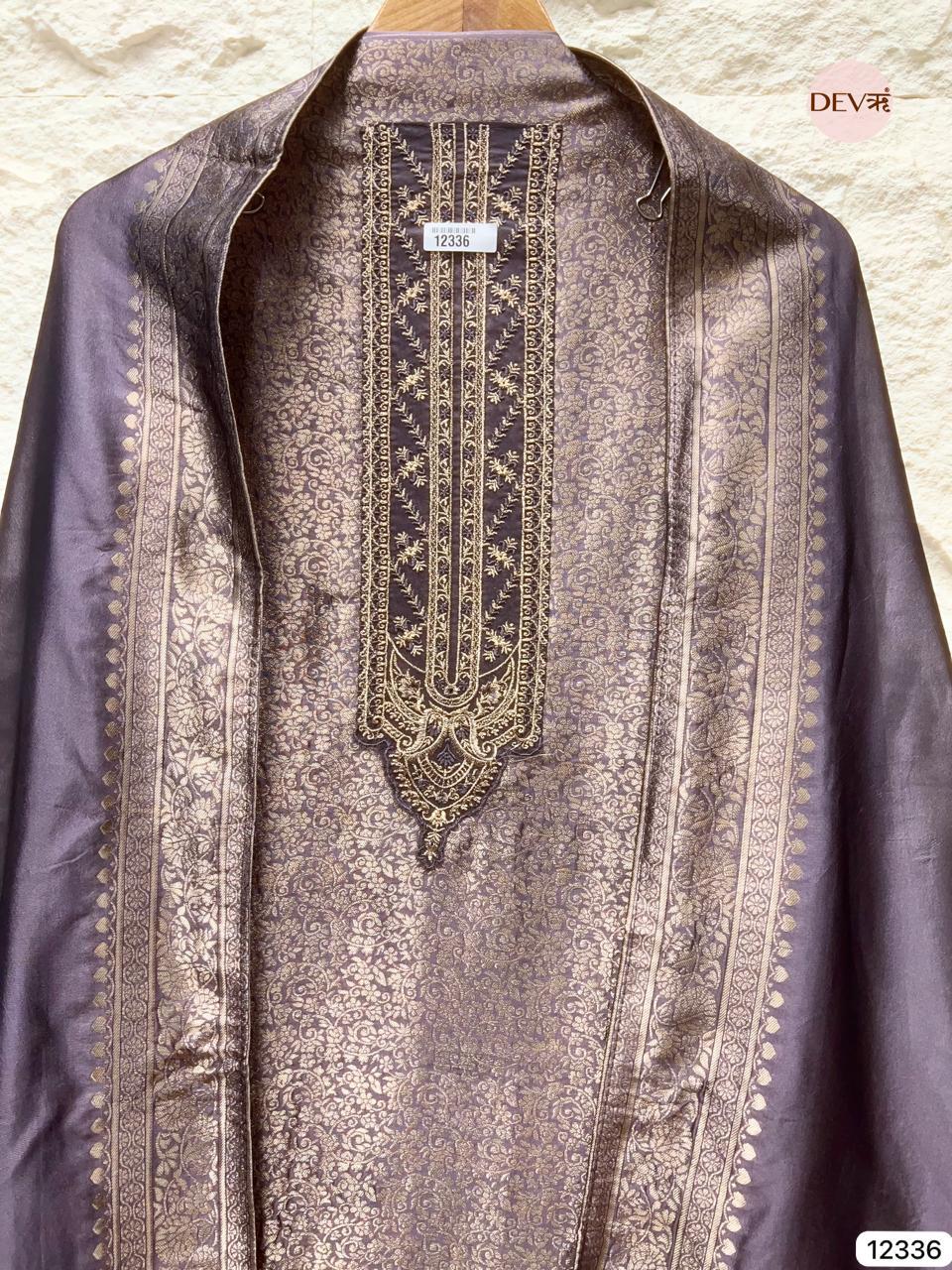 Soft Mauve Pure Banarasi Silk Embroidered Unstitched 3-Piece Suit (Devri – D.No 12336)