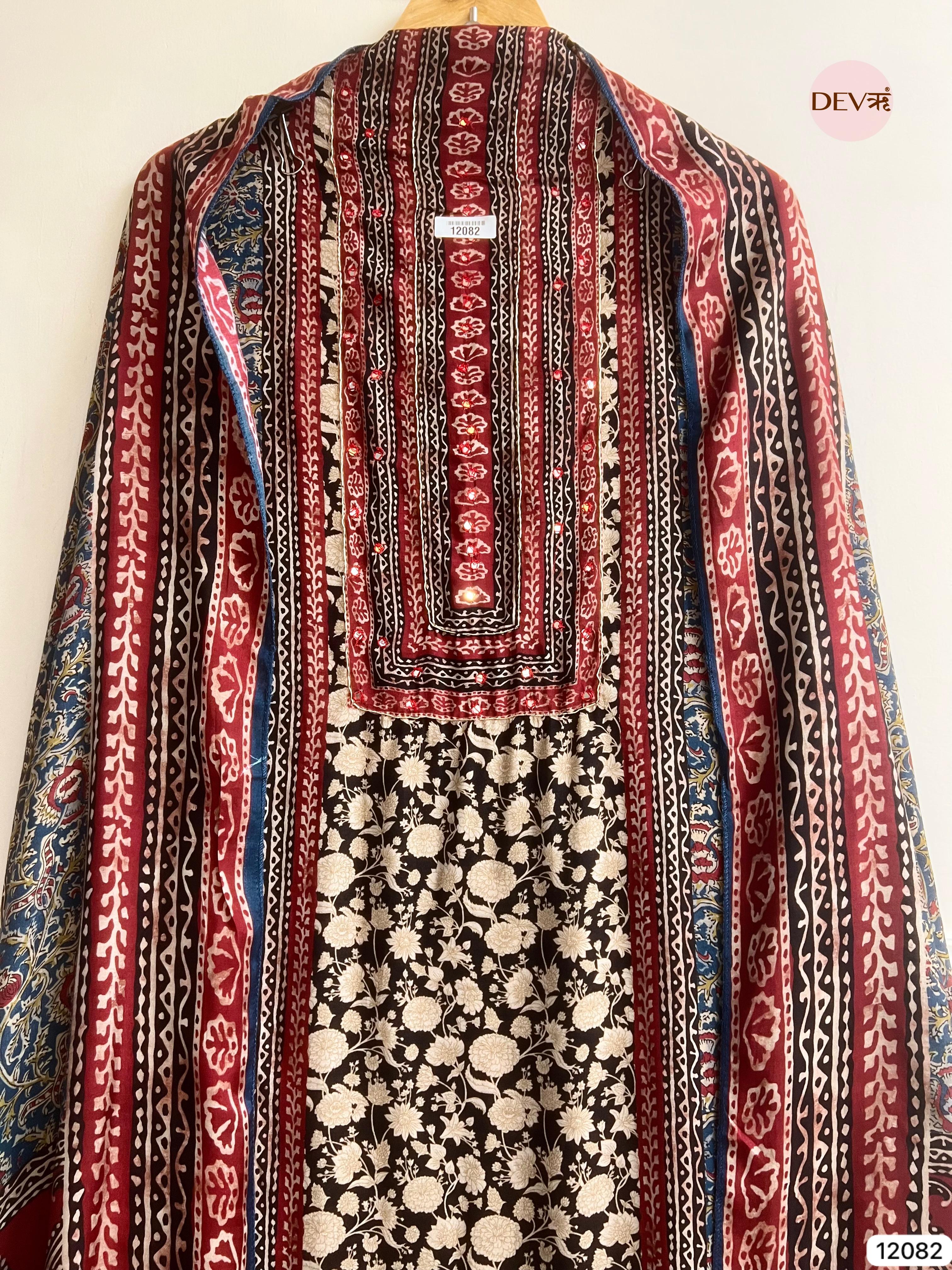 Multi colour Pure Muslin Unstitched Printed Embroidered -Set Of 3 - {12082}