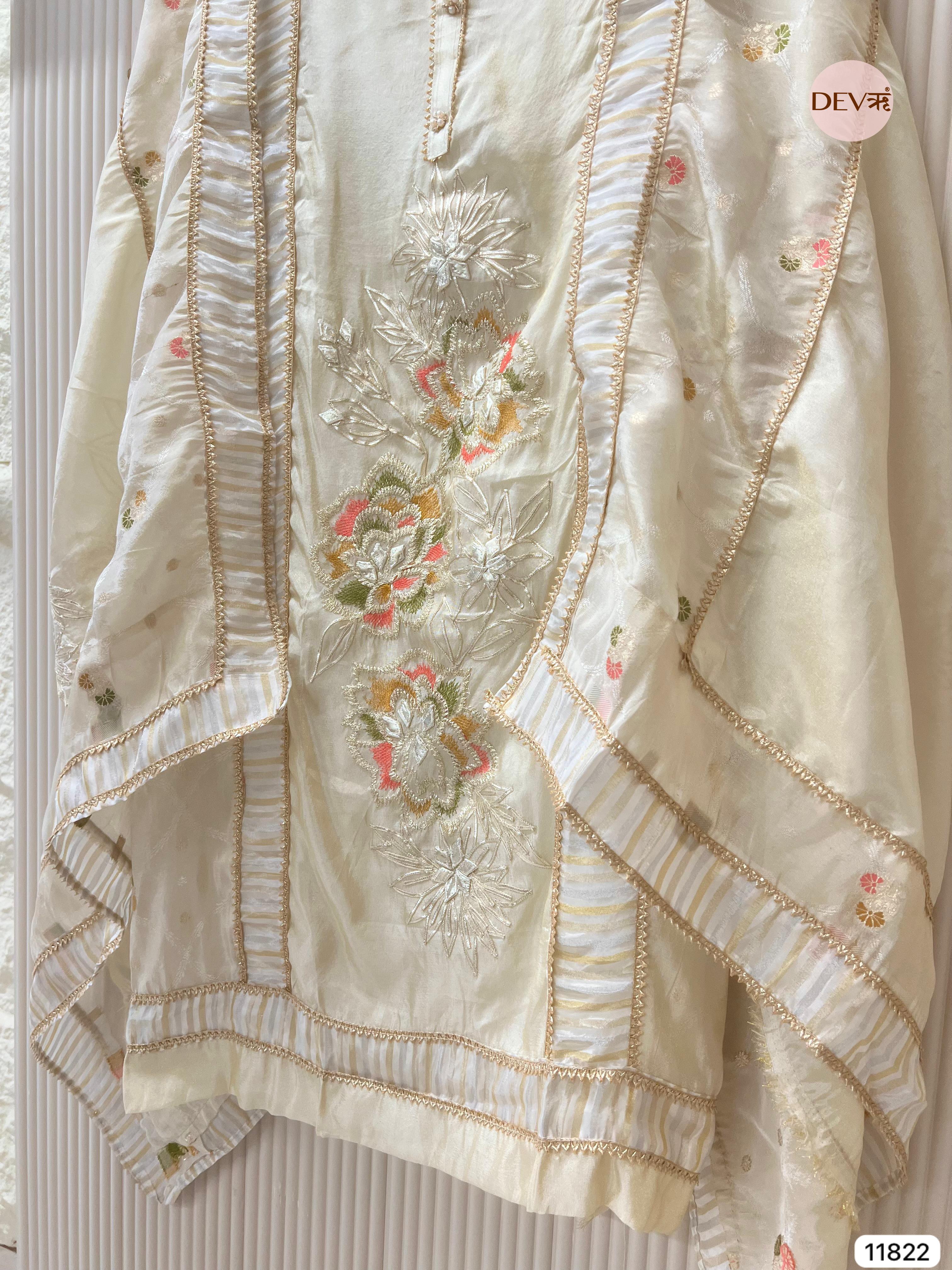 White Tissue Shimmer Silk Unstitched Hand Embroidered -Set Of 3 - {11822}