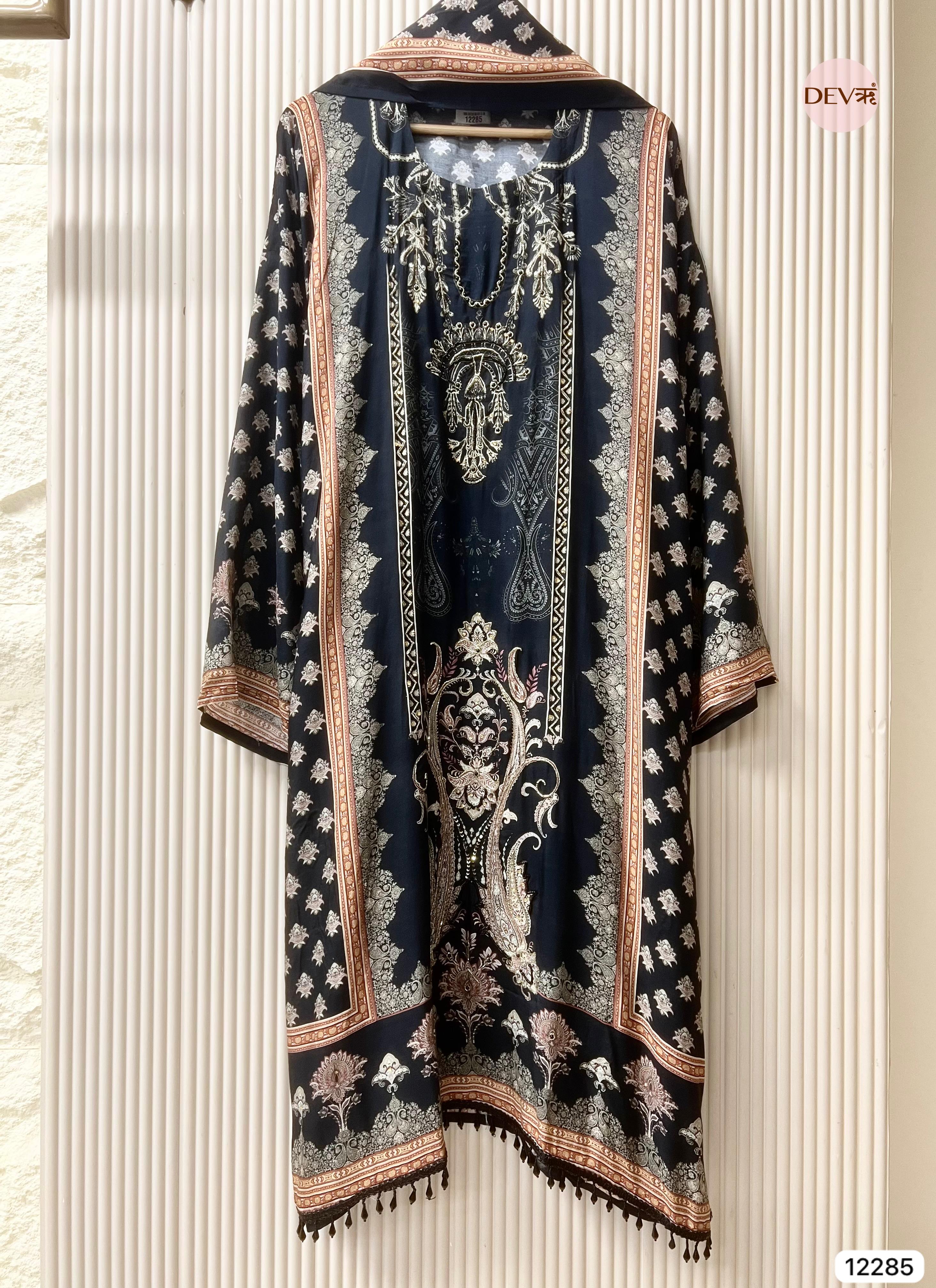 Navy Blue Muslin Printed Unstitched 3-Piece Suit (Devri – D.No 12285)
