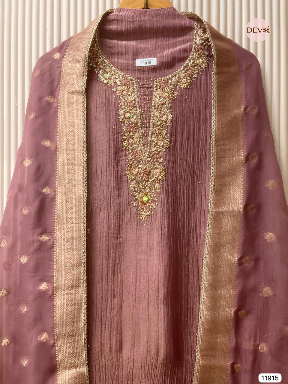 Purple Pure Tissue Silk Crush Unstitched Hand Embroidered -Set Of 3 - {11915}