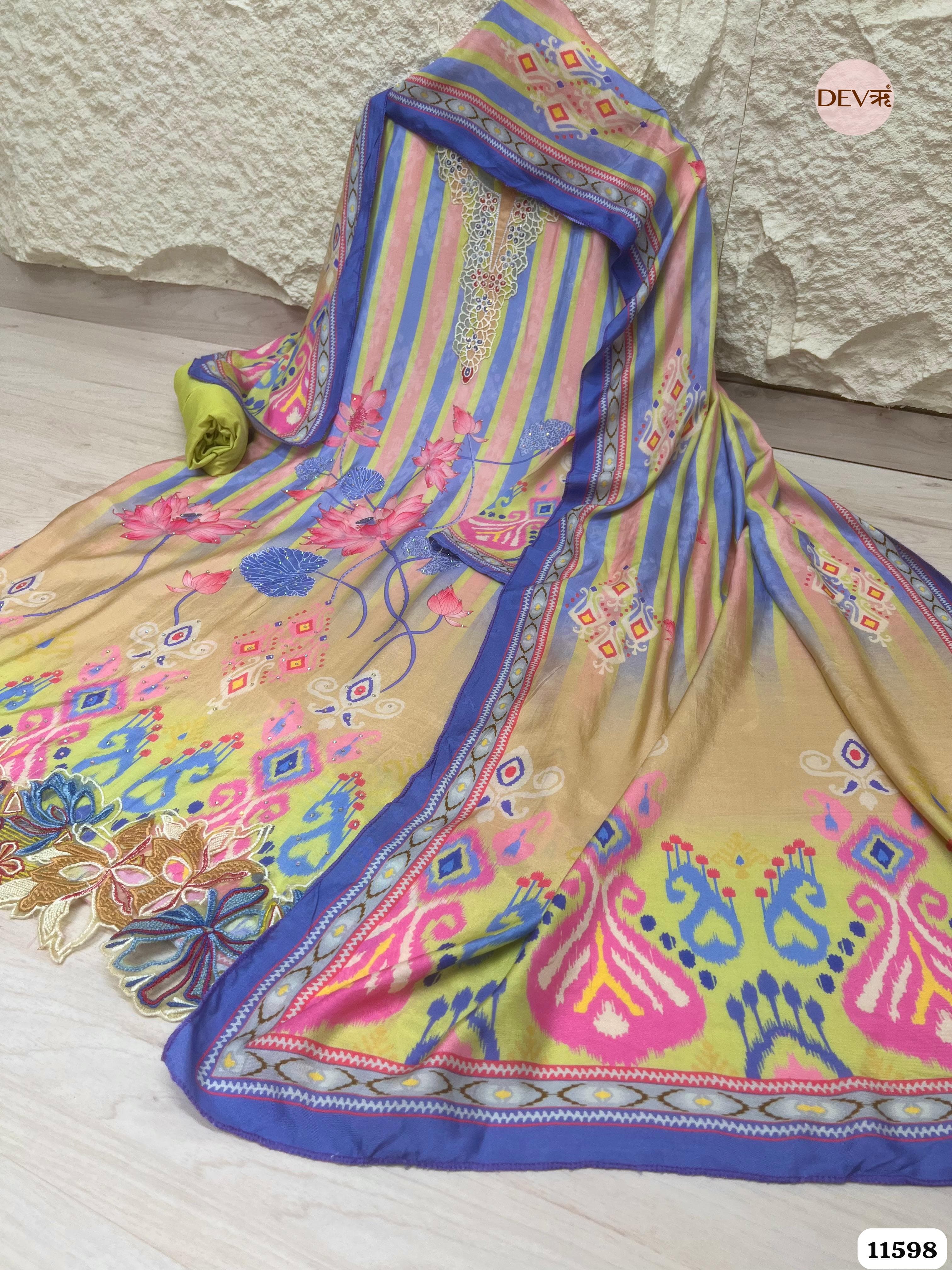 Multi-Colored Pure Muslin Semi Stitched Printed Embroidered -Set Of 3 {11598}