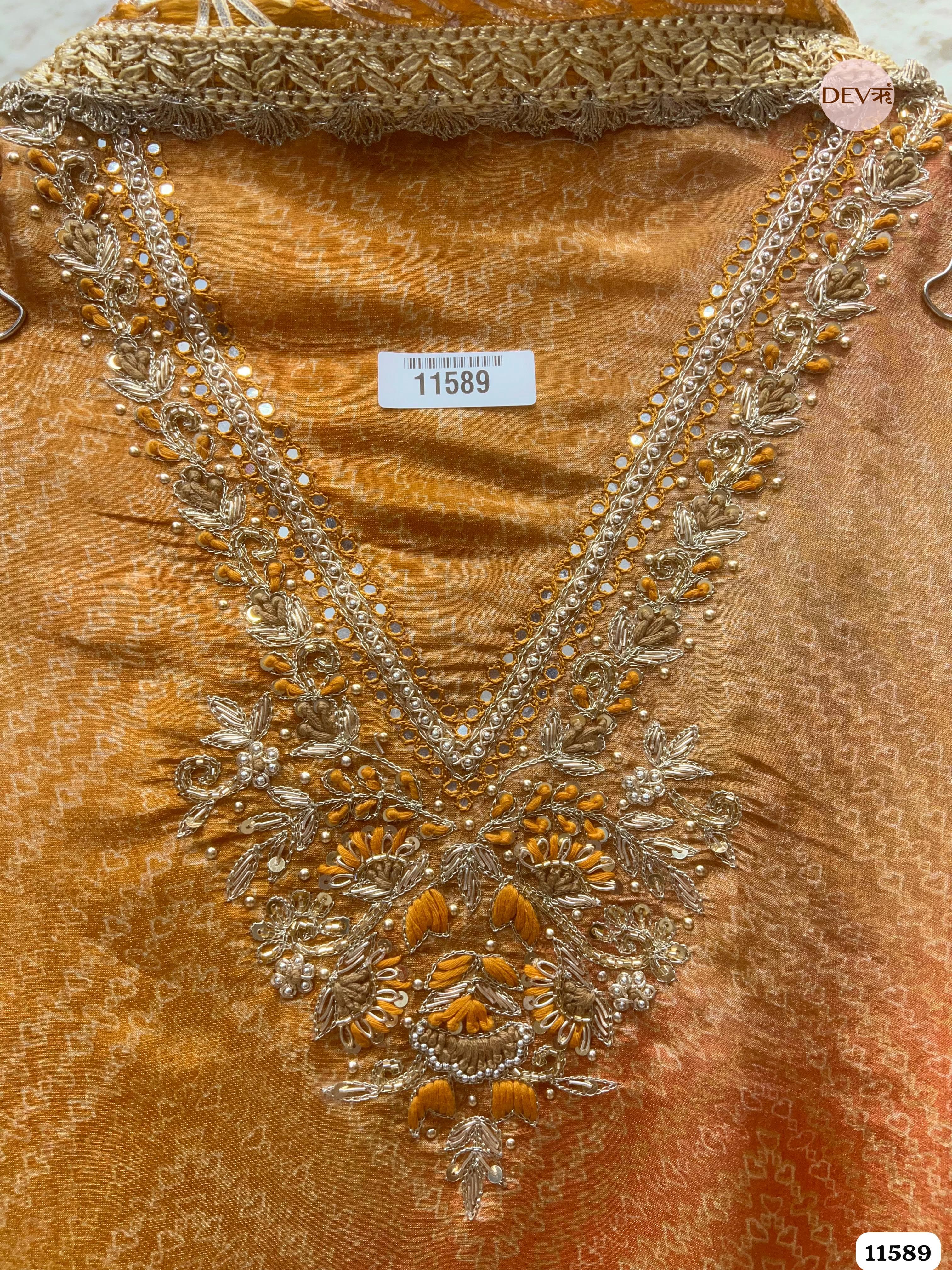 Mustard Yellow Pure Tissue Silk Printed Unstitched Hand Embroidered -Set Of 3 {11589}