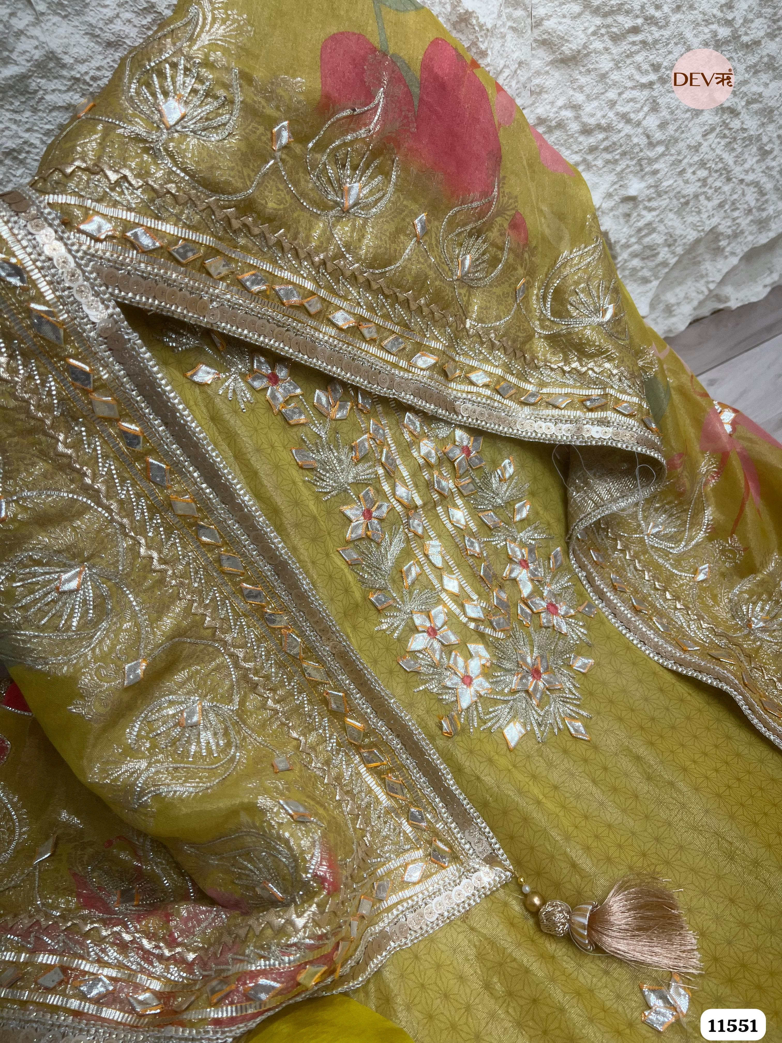 Olive Green Pure Tissue Silk Unstitched Printed Hand Gota Embroidered -Set Of 3 {11551}