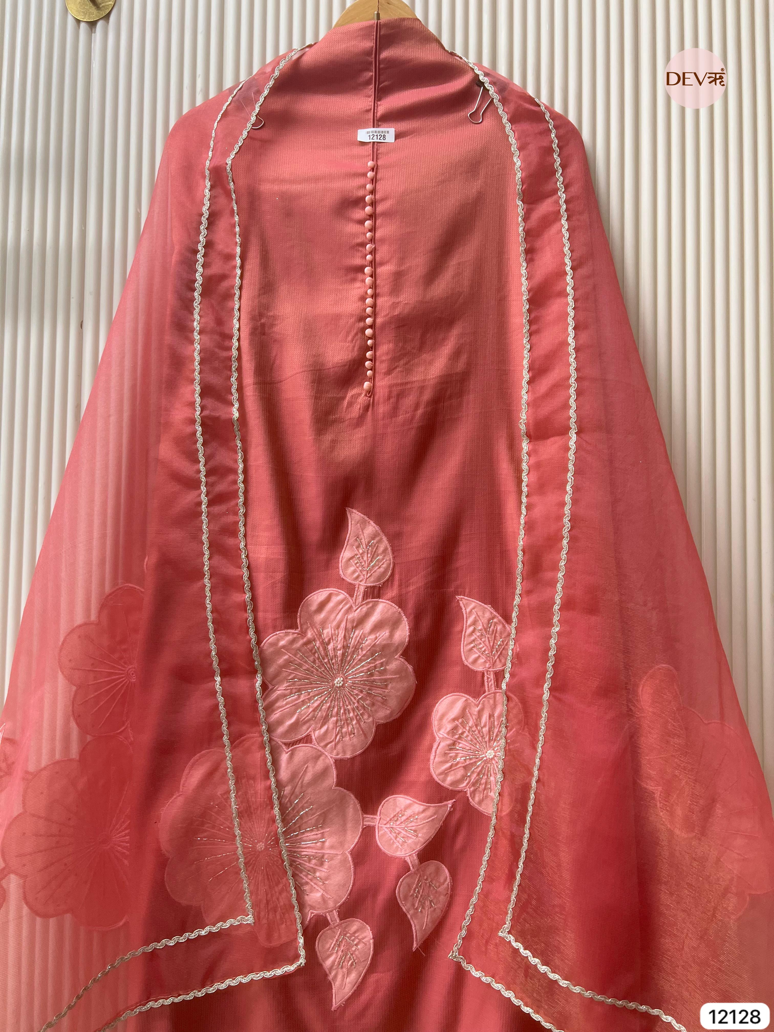 Red Shimmer silk Unstitched Applique Embroidered -Set Of 3 - {12128}