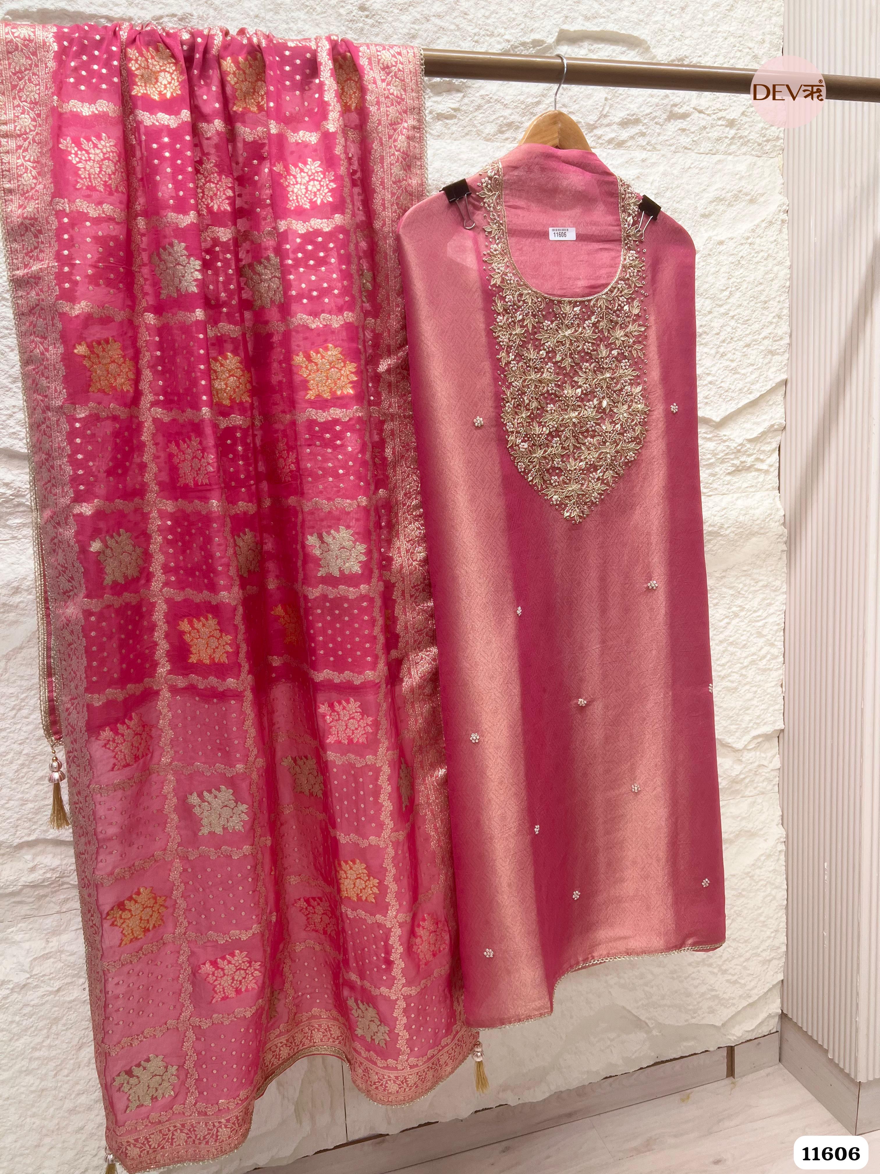 Crimson Pink Pure Tissue Banarasi Silk Unstitched Hand Embroidered -Set Of 3 {11606}