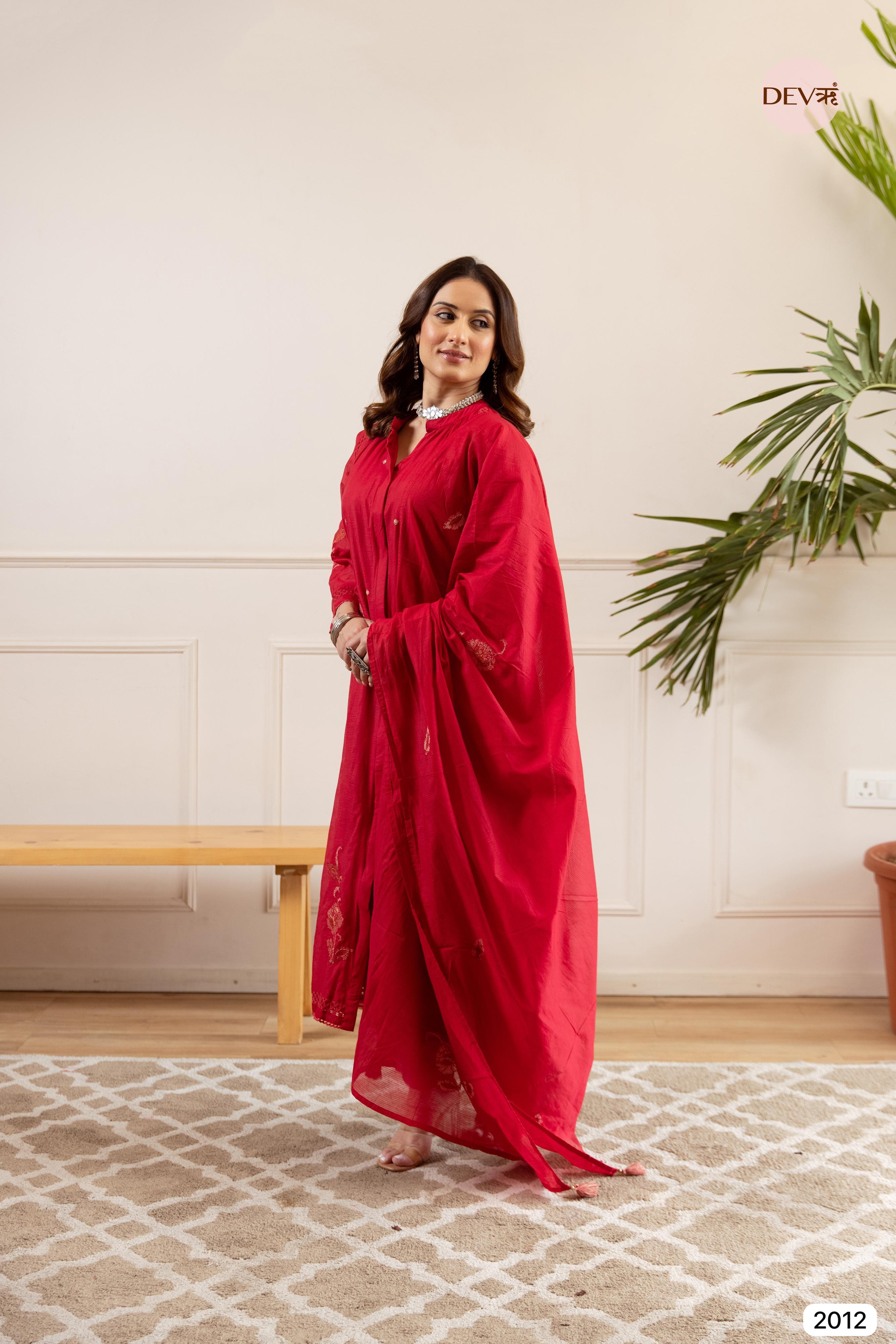 Red Crafted Airy Mul Chanderi -Set Of 3- {2012}