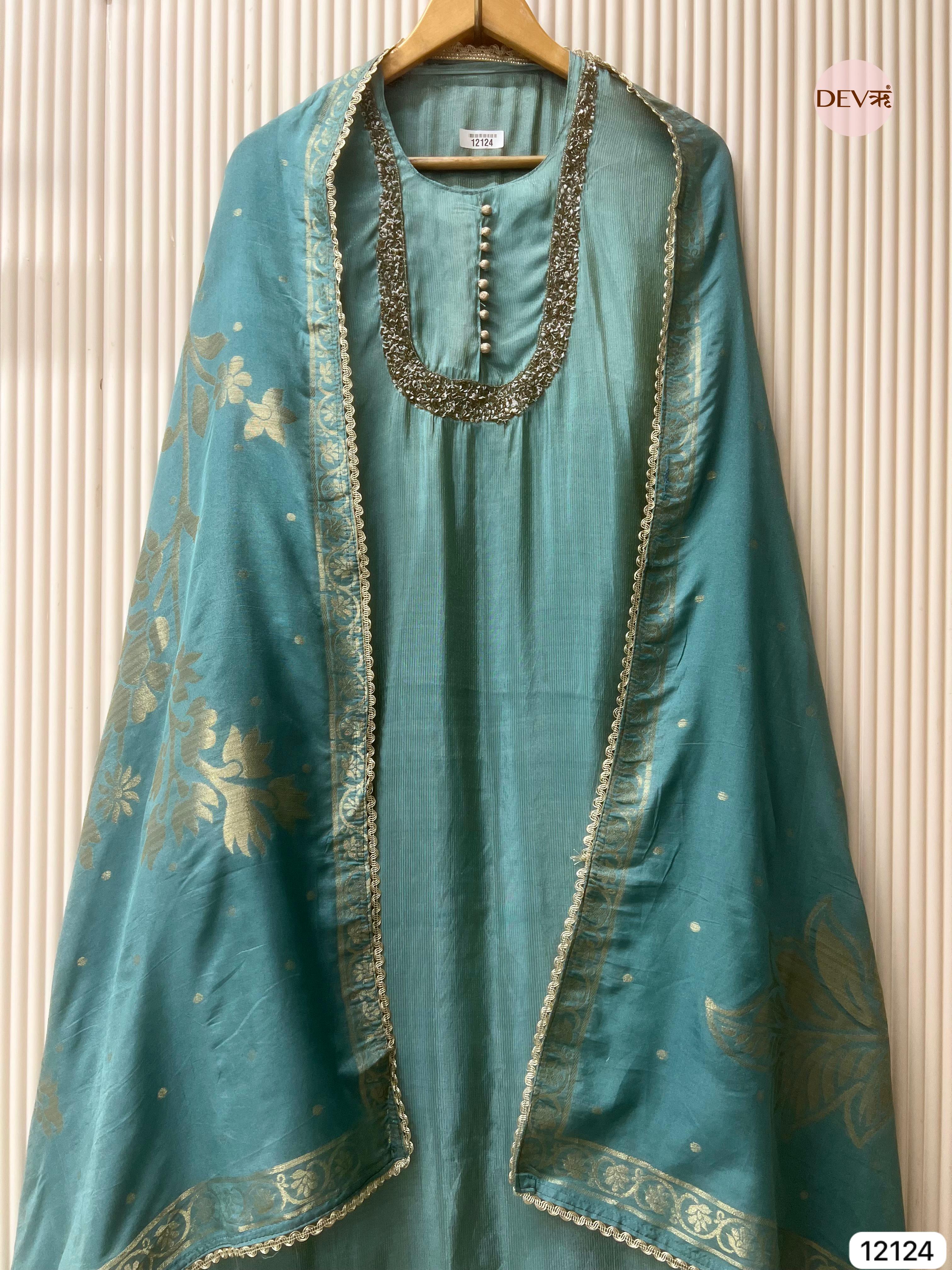 Blue-Green Shimmer Silk Unstitched Hand Embroidered -Set Of 3 - {12124}