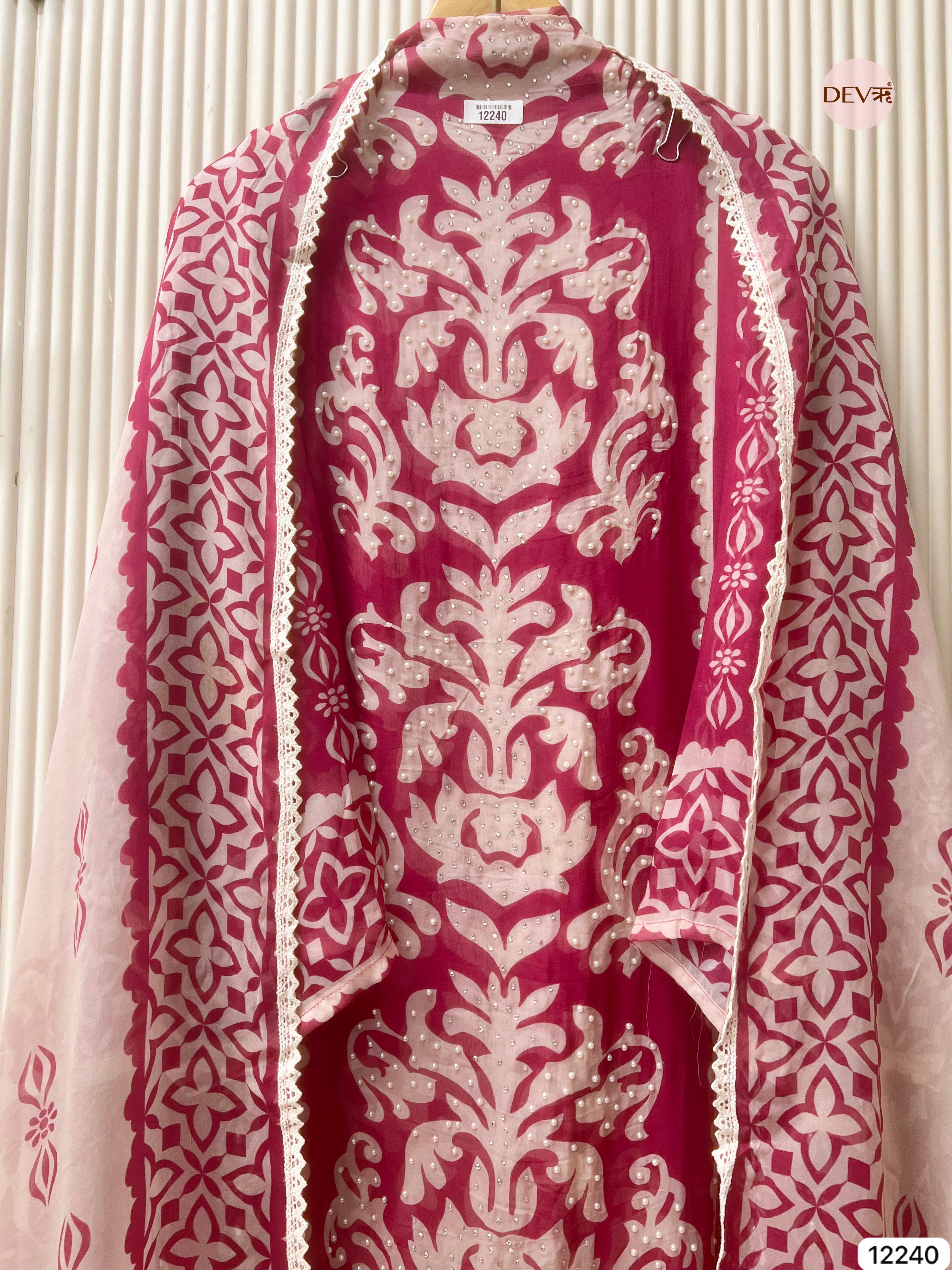 Magenta Pink Organza Embroidered Unstitched 3-Piece Suit (Devri – D.No 12240)
