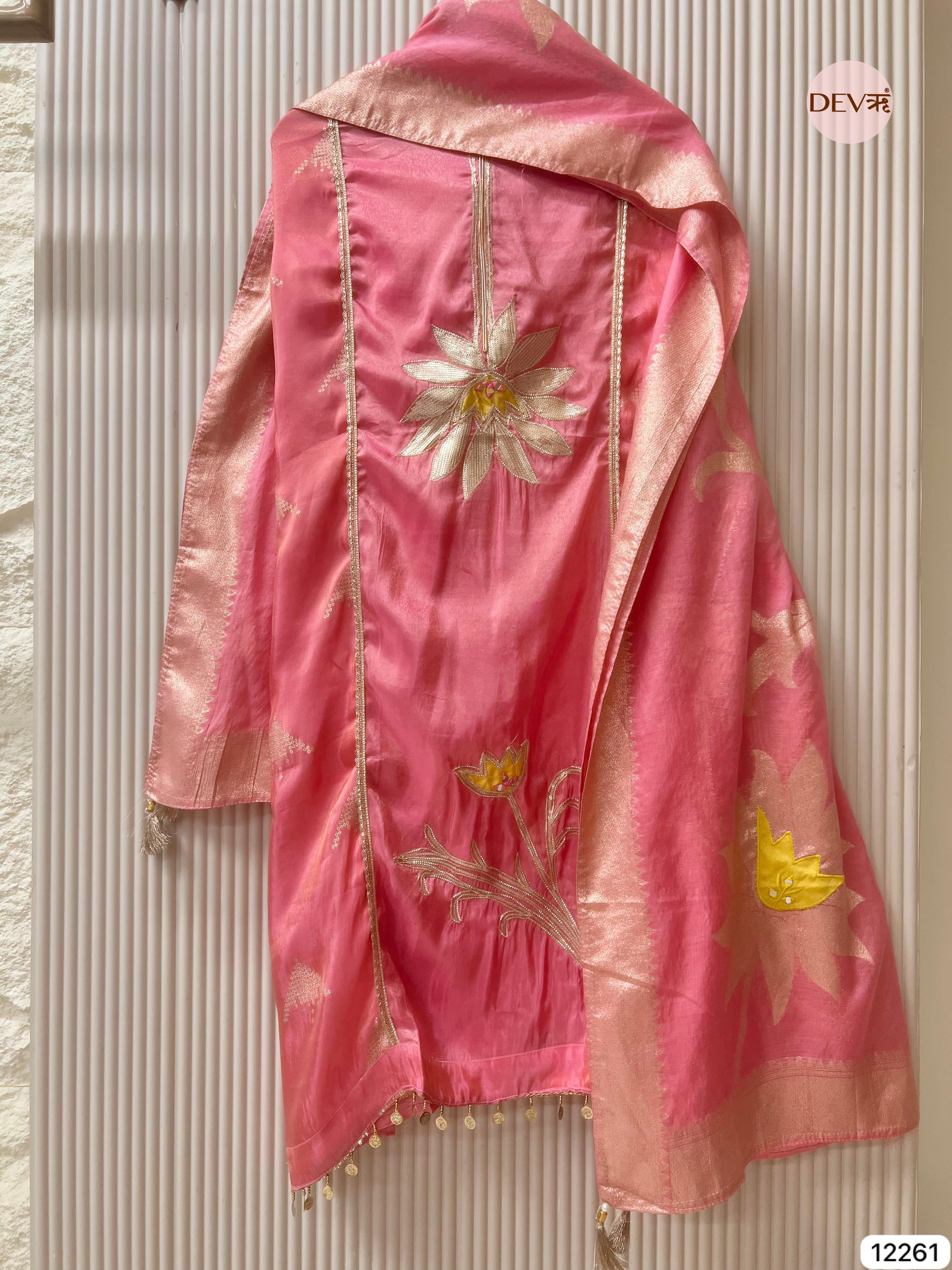 Pink Shimmer Silk Embroidered Unstitched 3-Piece Suit (Devri – D.No 12261)