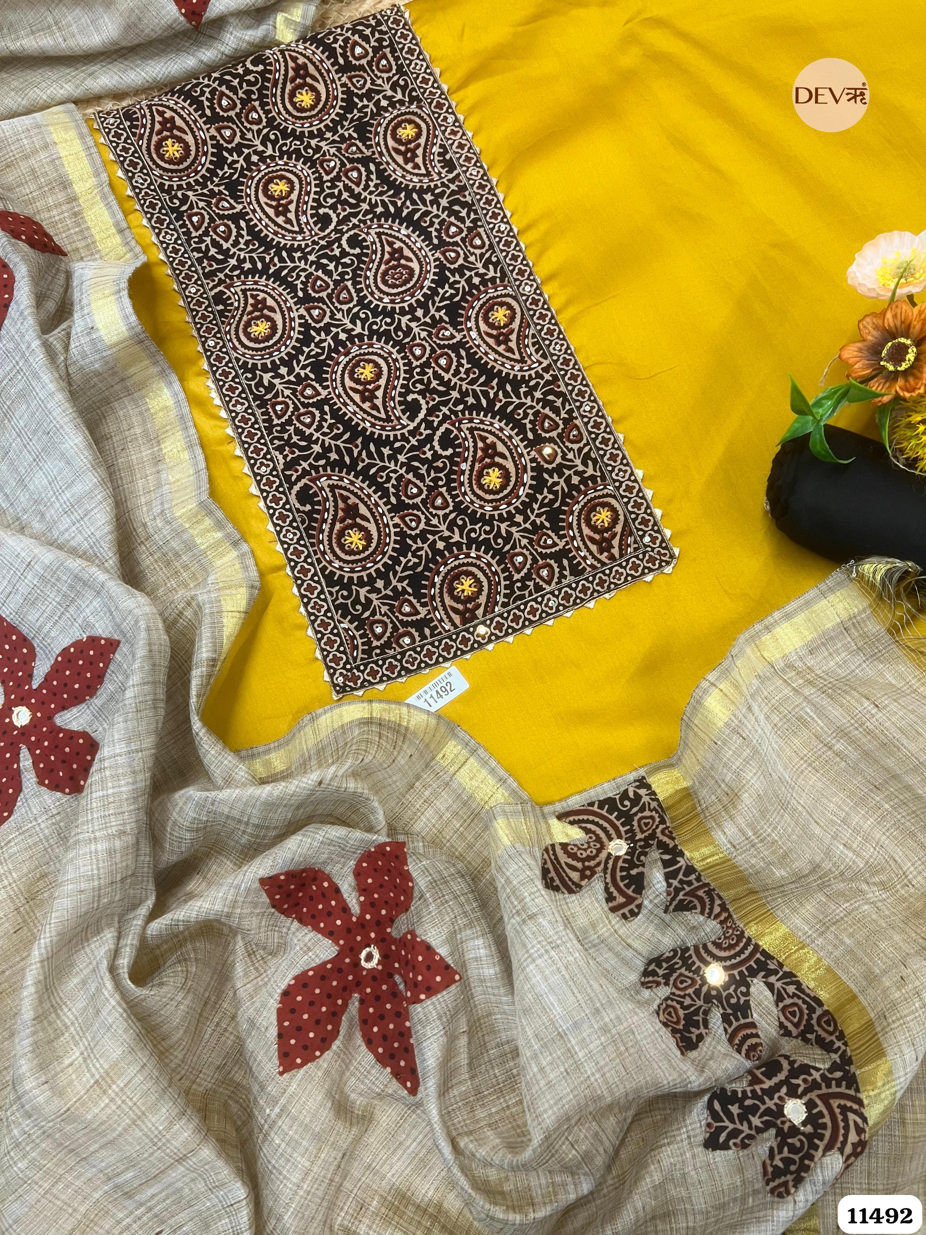Yellow Cotton Jaam Unstitched Printed Embroidered -Set Of 3 {11492}
