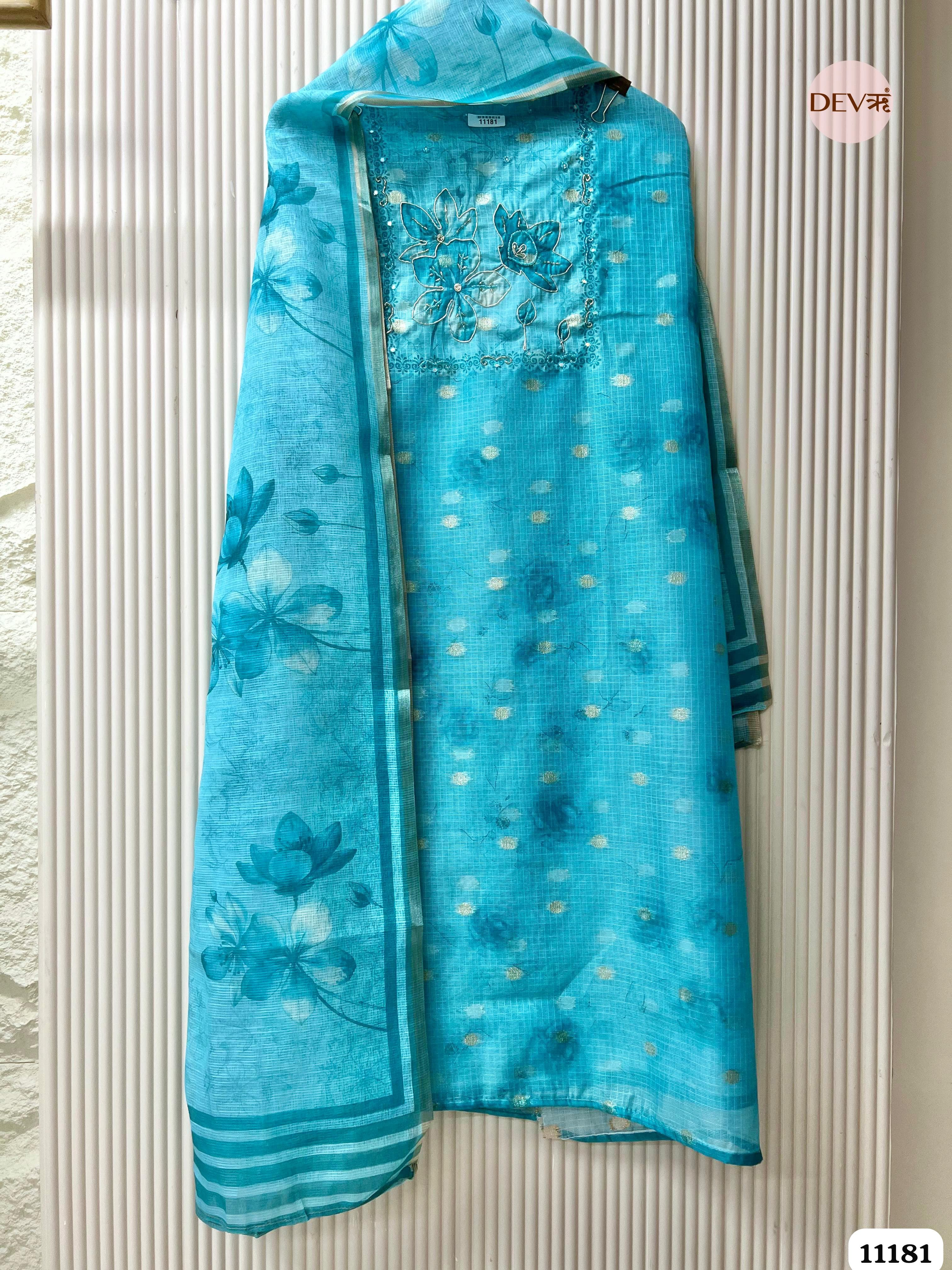 Blue Kota Silk Unstitched Hand Embroidered -Set Of 3
