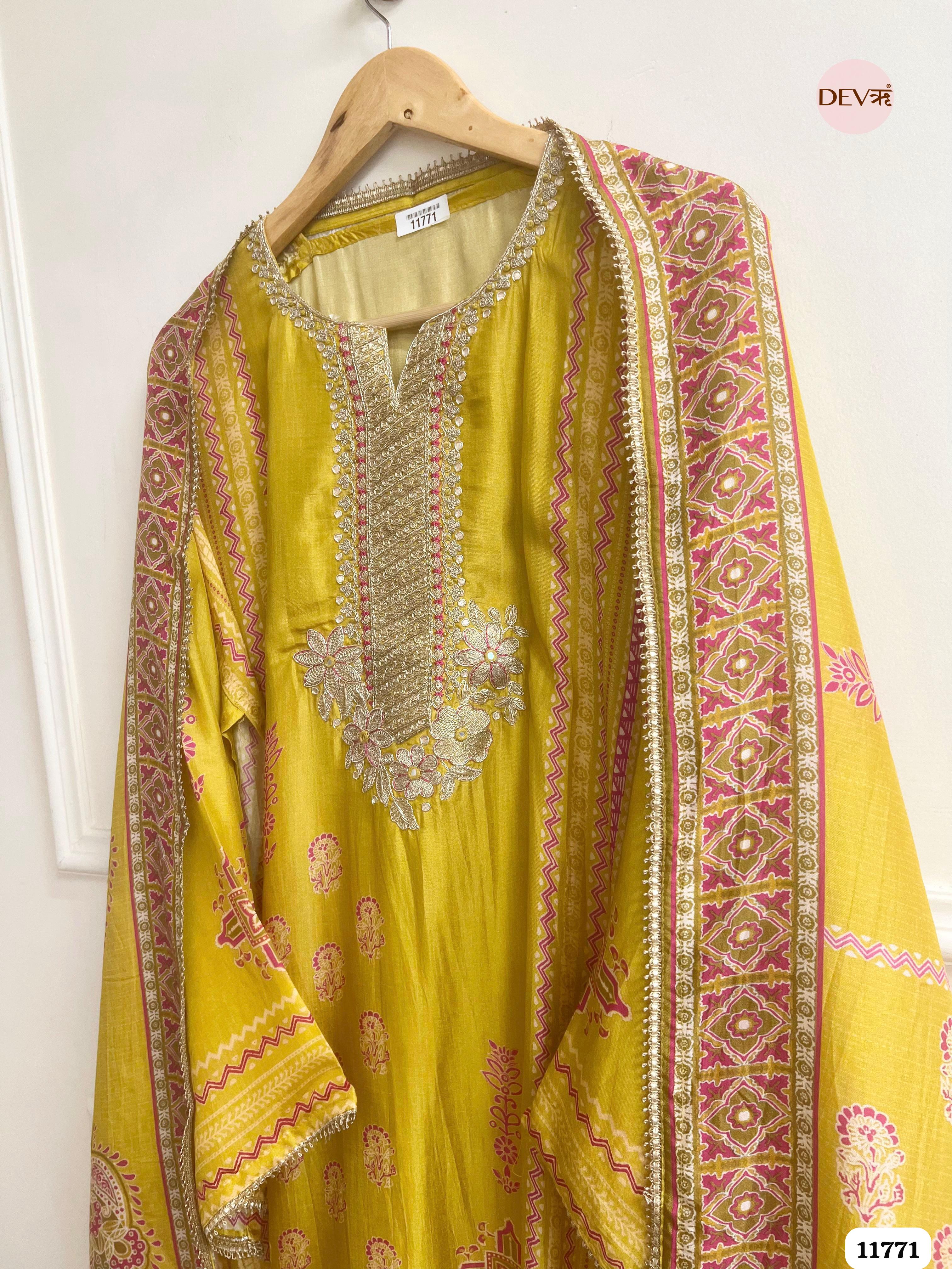 Yellow Russian Silk Unstitched Hand Embroidered -Set Of 3 {11771}