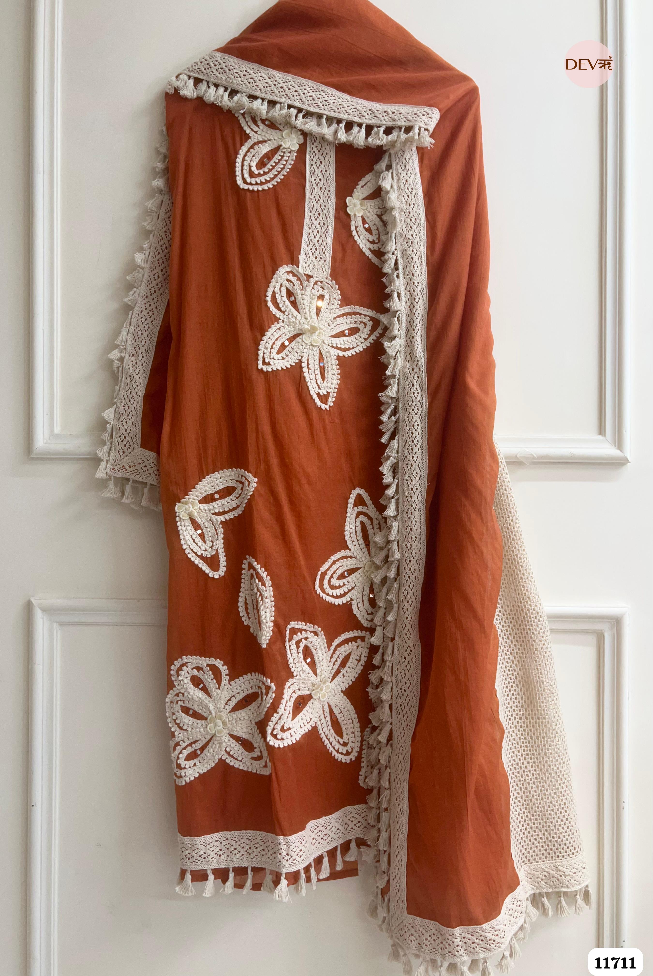 Rust Mul Chanderi Unstitched Hand Embroidered -Set Of 3 {11711}
