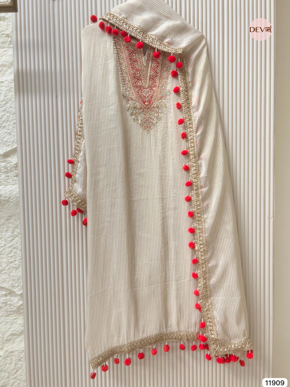 Cream Colour Tissue Shimmer Silk Unstitched Hand Embroidered -Set Of 3 - {11909}