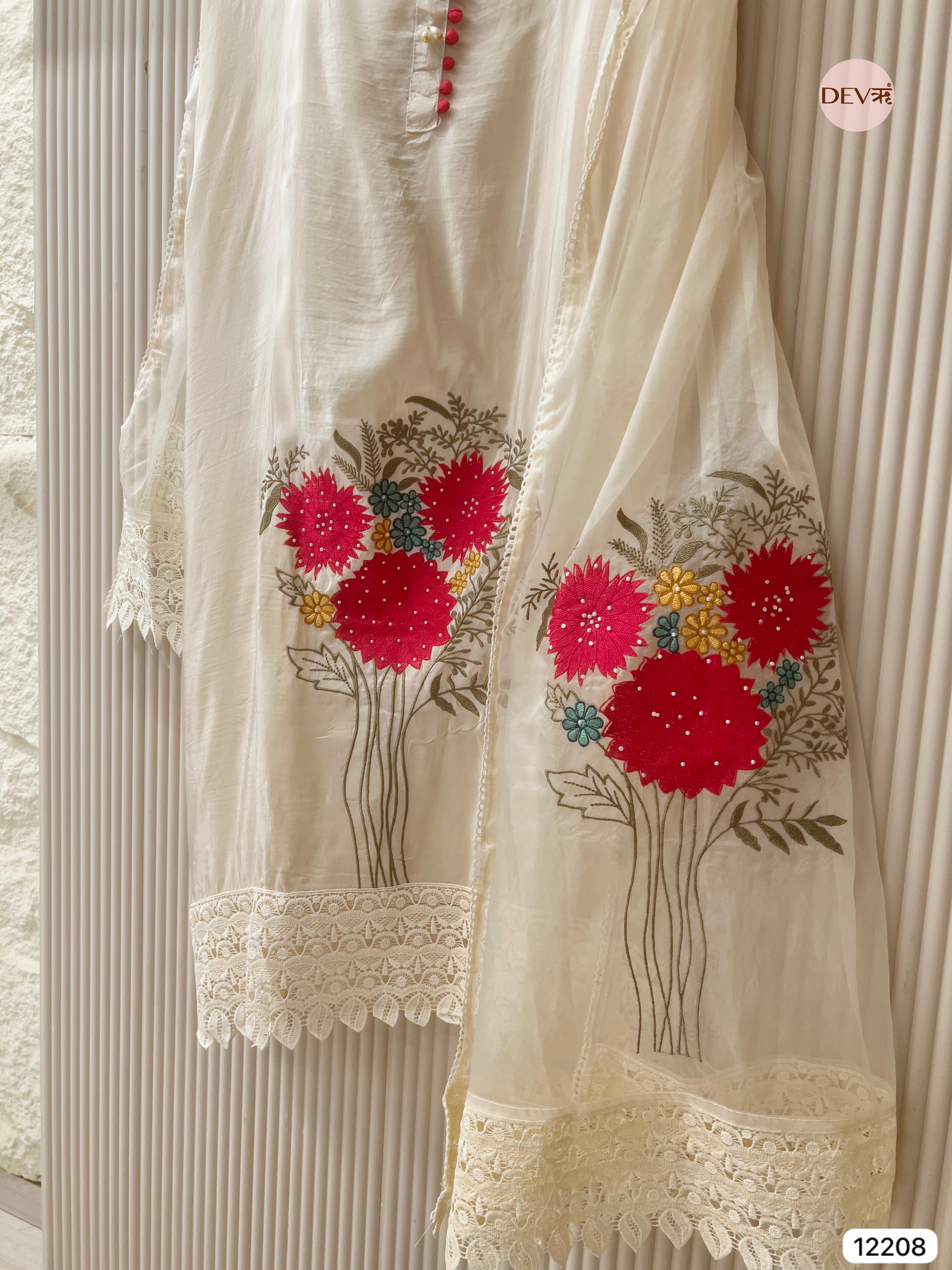 Ivory Glass Organza Embroidered Unstitched 3-Piece Suit (Devri – D.No 12208)