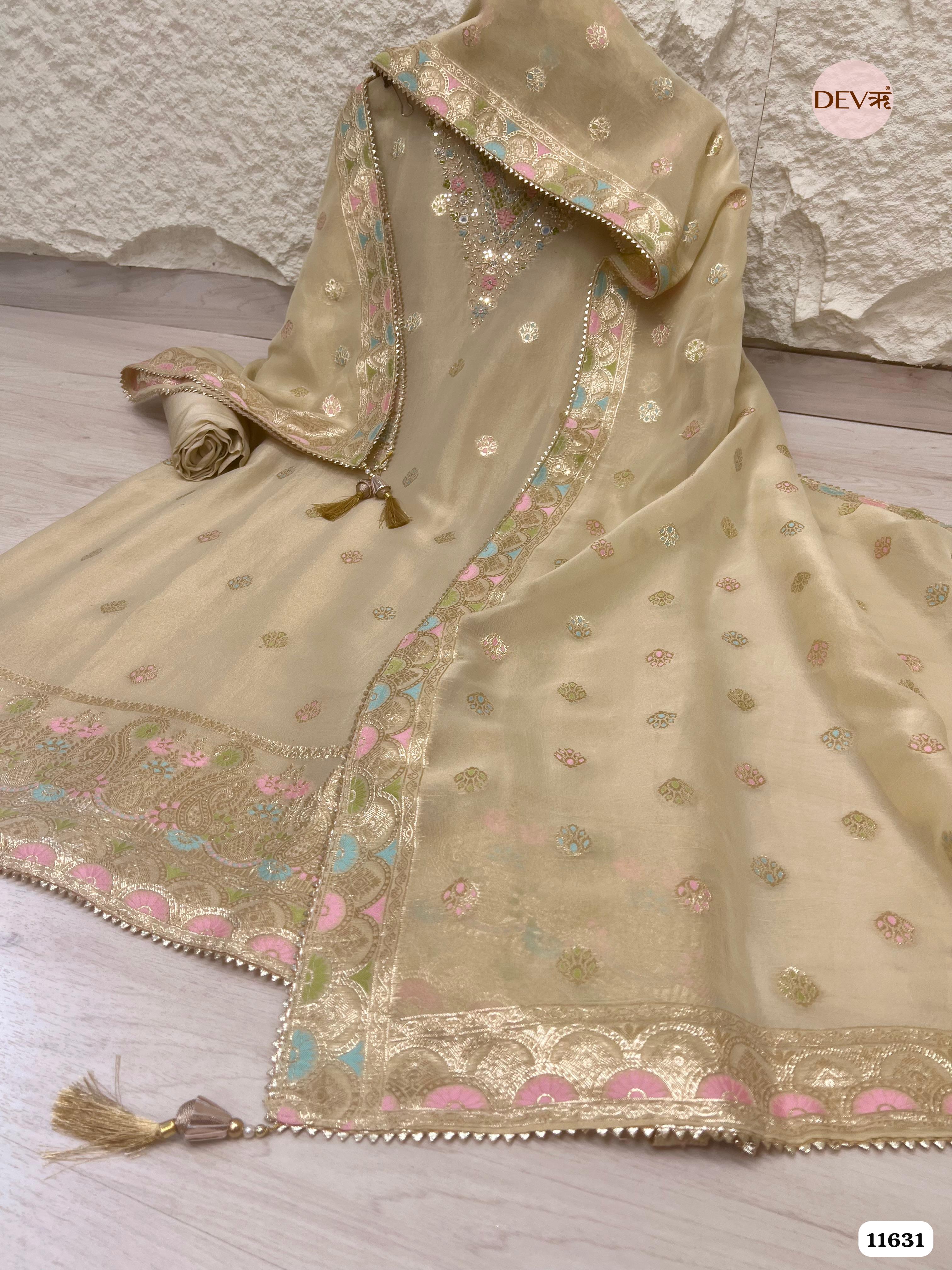 Beige Pure Organza Silk Unstitched Hand Embroidered Banarasi Weave -Set Of 3 {11631}