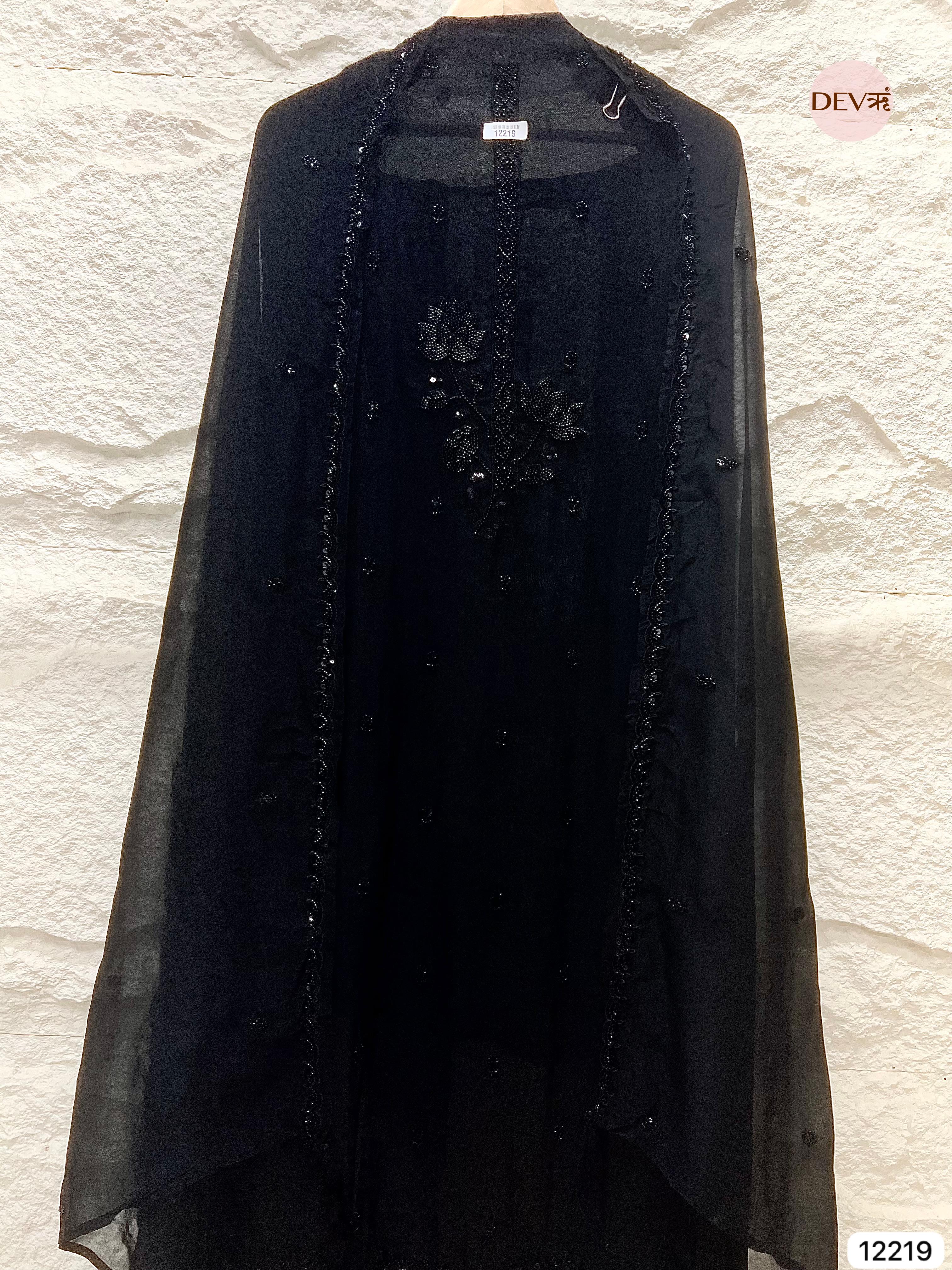 Elegant Black Organza Hand-Embroidered Unstitched 3-Piece Suit (Devri – D.No 12219)