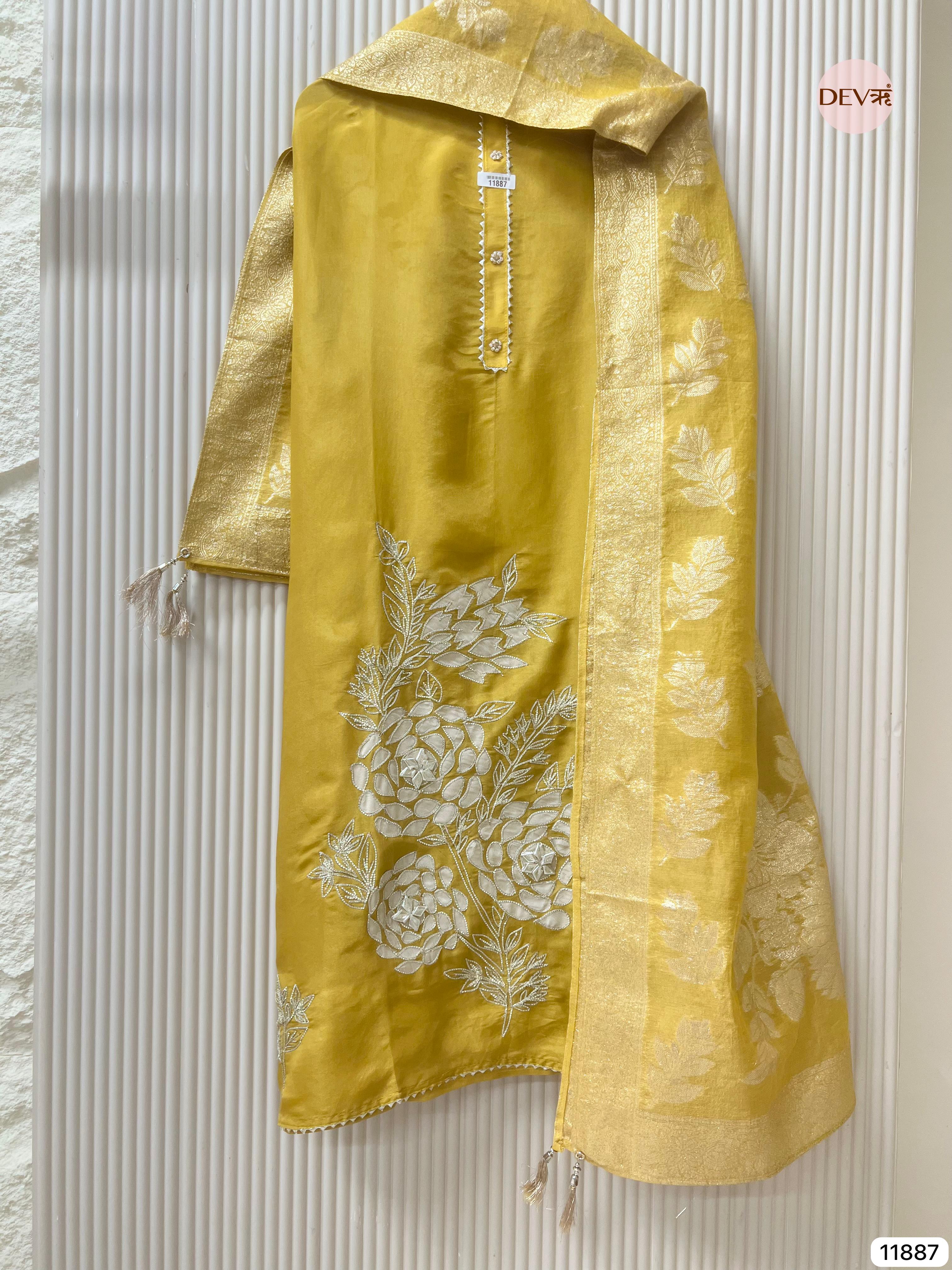 Yellow Tissue Silk Shimmer Silk Unstitched Hand Embroidered -Set Of 3- {11887}