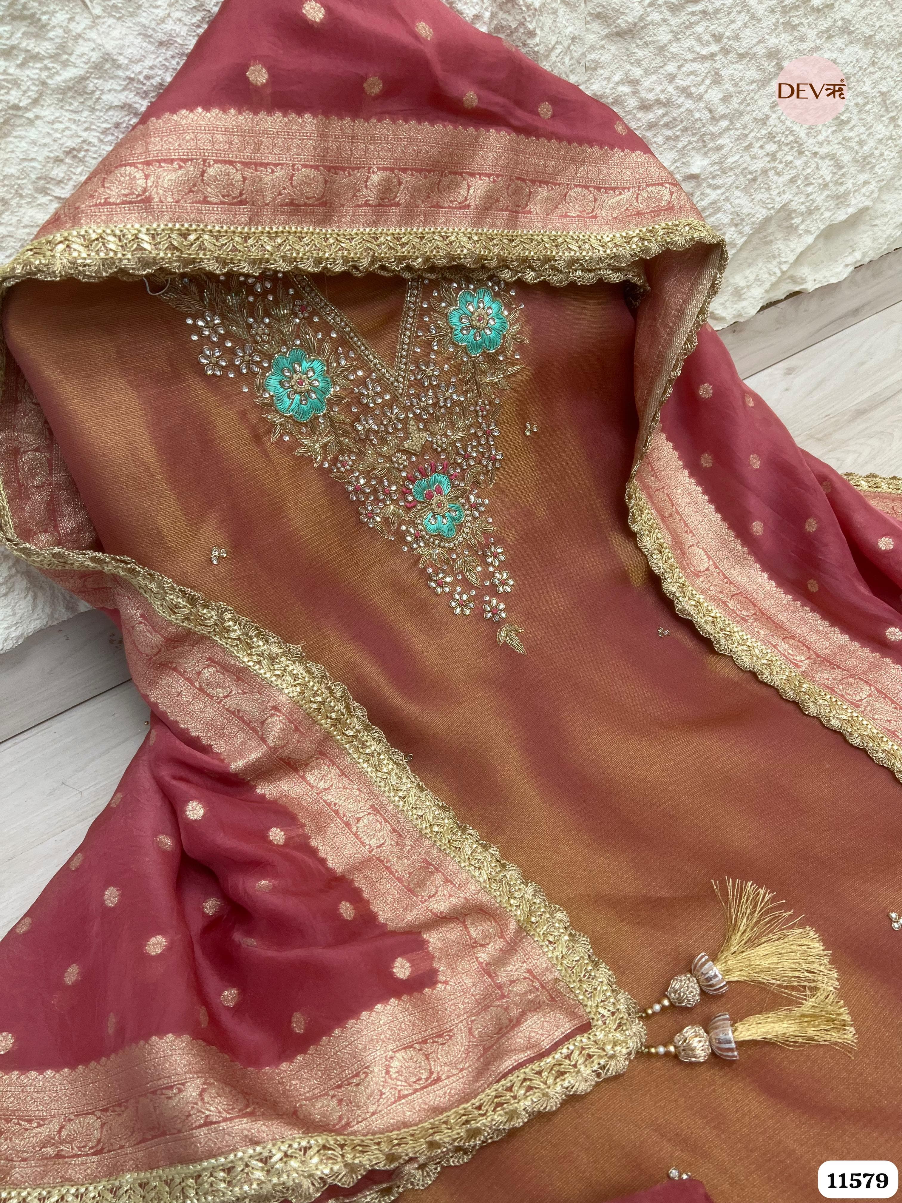 Light Brown Pure Tissue Silk Unstitched Hand Embroidered -Set Of 3 {11579}