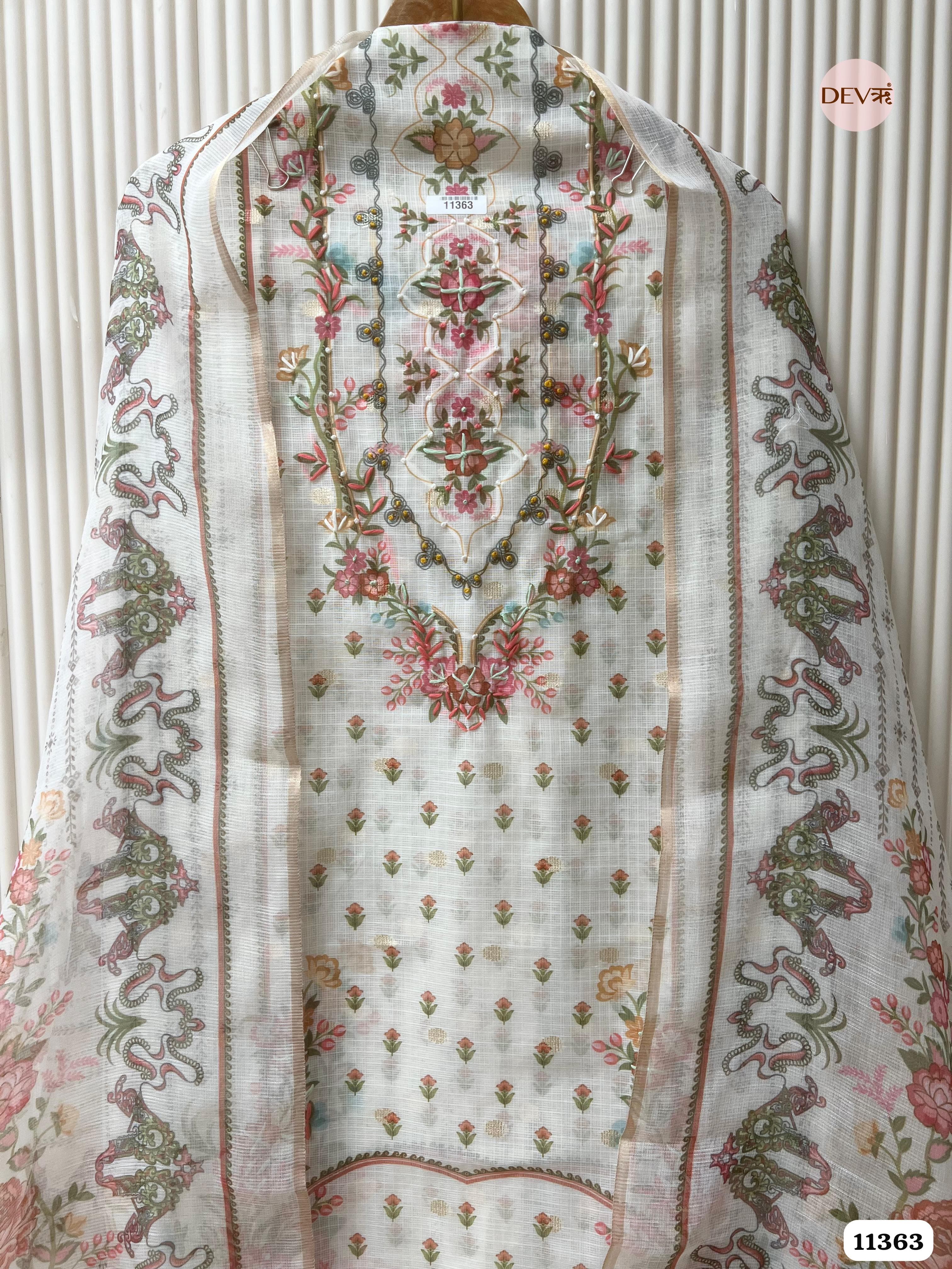 Off-White Or Cream Kota Silk Printed woven Unstitched Hand Embroidered -Set Of 3 {11363}